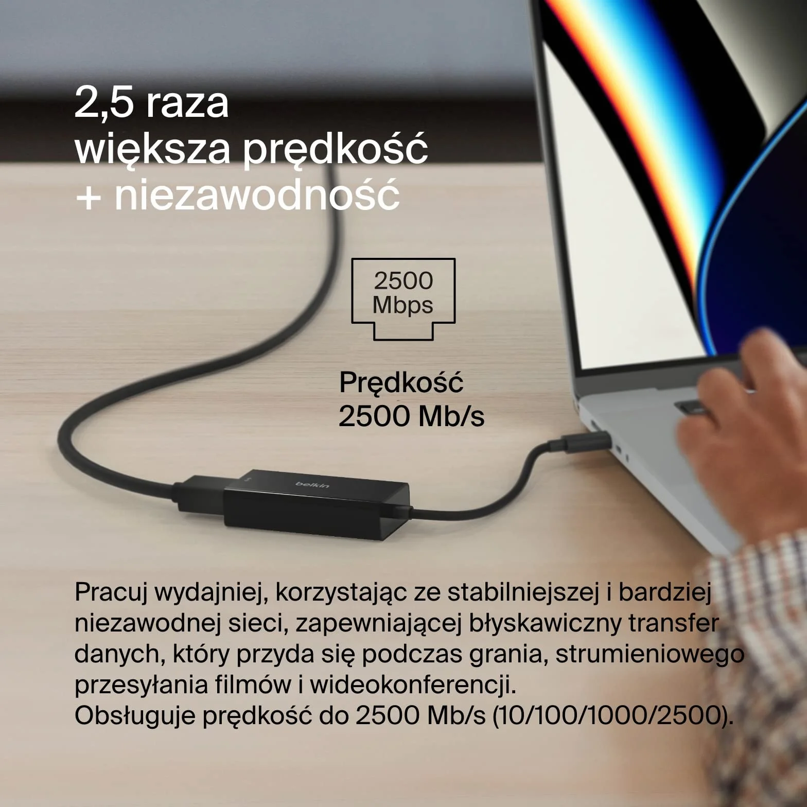 Adapter Belkin USB typu C na 2,5 Gb Ethernet, certyfikat USB-IF Thunderbolt 3 i 4 / Adapter USB-C na LAN zgodny z MacBookiem Pro/Air, iPadem Pro, XPS, Surface i innymi urządzeniami z portem USB-C