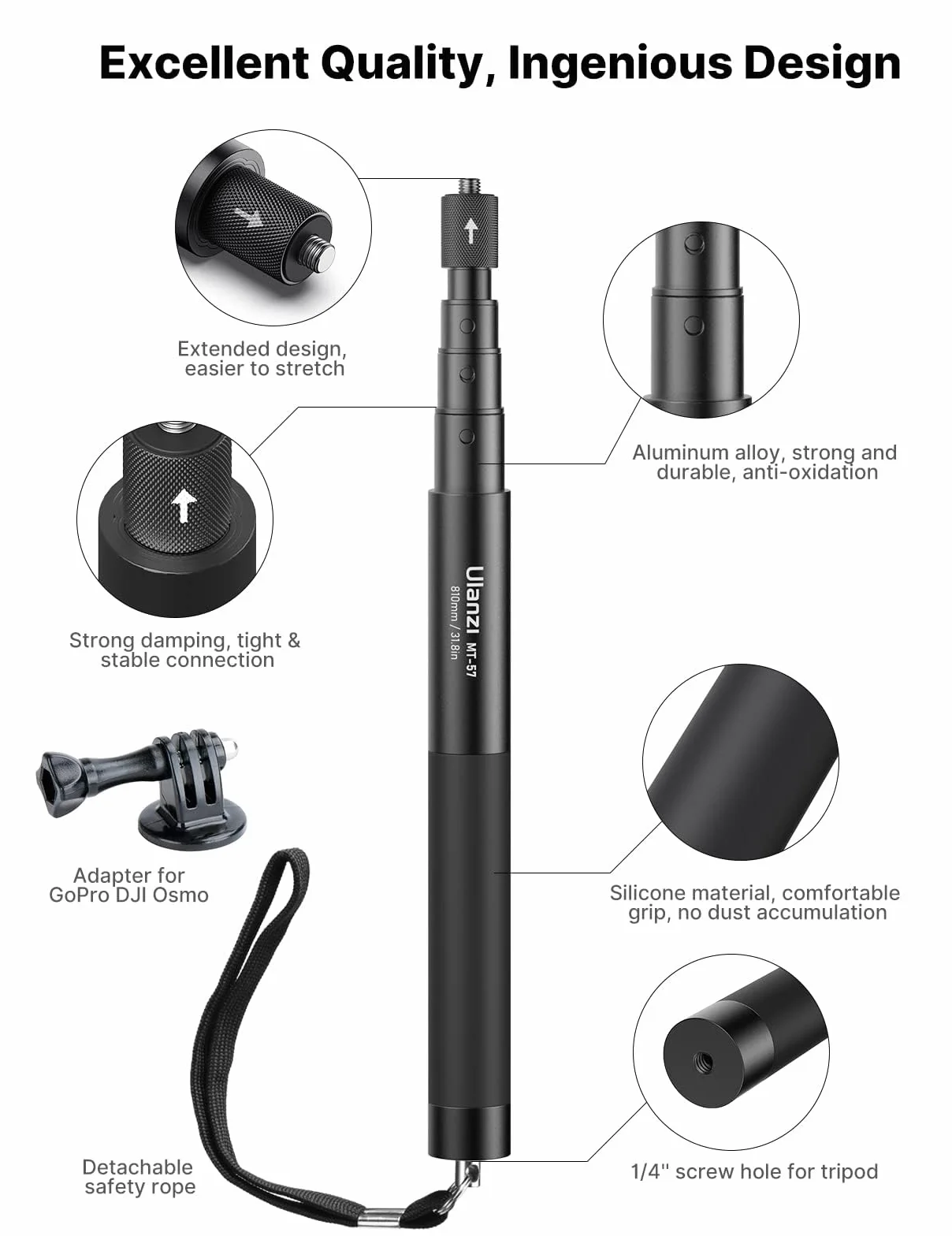47-calowy / 120-centymetrowy kijek do selfie do Insta 360, monopod ULANZI MT-58 do kamery akcji, wysuwany ręczny kijek kompatybilny z Hero 11/10/9/8/7 Insta 360 One XR/RS/GO 2 DJI Osmo Action