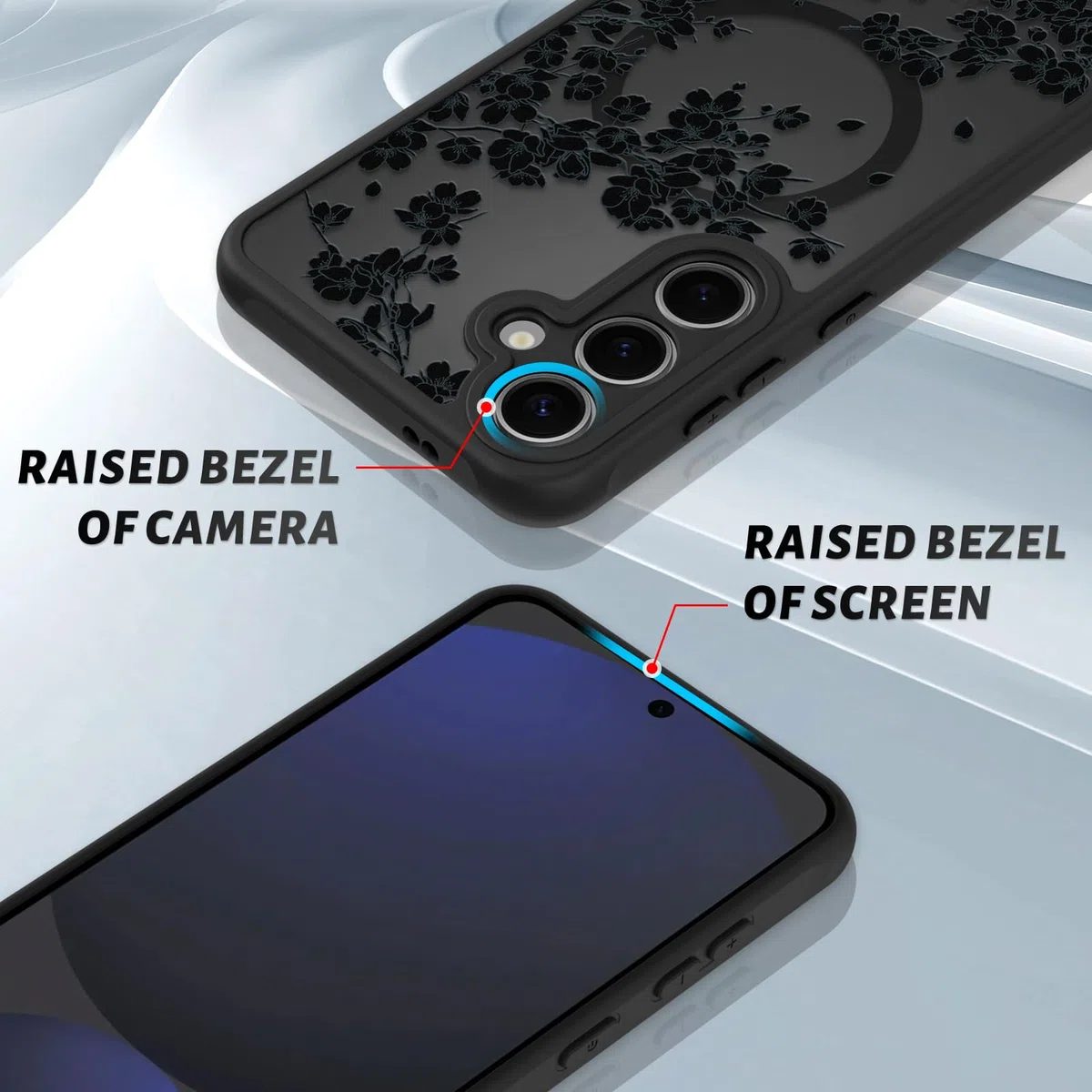 OOK Etui do telefonu Samsung Galaxy S24 FE 6,7 cala (kompatybilne z bezprzewodowym ładowaniem) czarne kwiaty, kwiatowy wzór, półprzezroczyste etui na telefon, miękkie tworzywo TPU + twardy PC, odporne