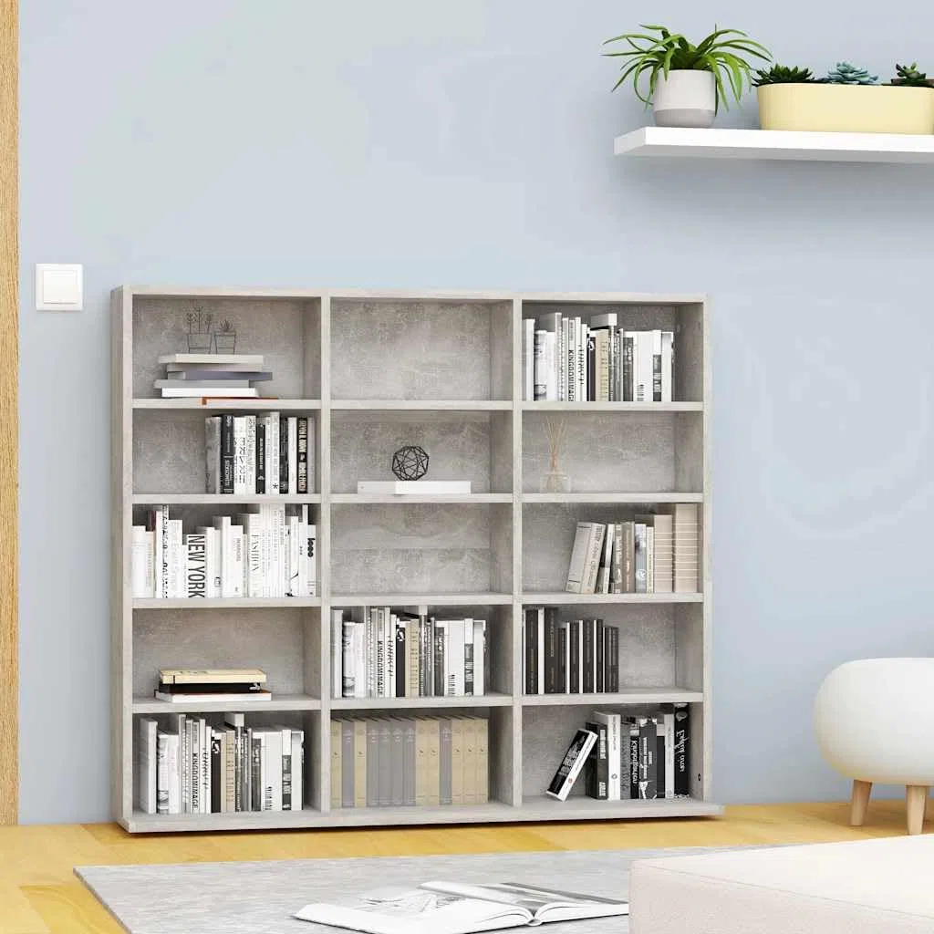 Beton szary regał na płyty CD, 100 x 23 x 89,5 cm, materiał drewnopochodny z 15 otwartymi przegródkami na muzykę, media, telewizor, salon, miejsce do przechowywania, zarządzanie kablami