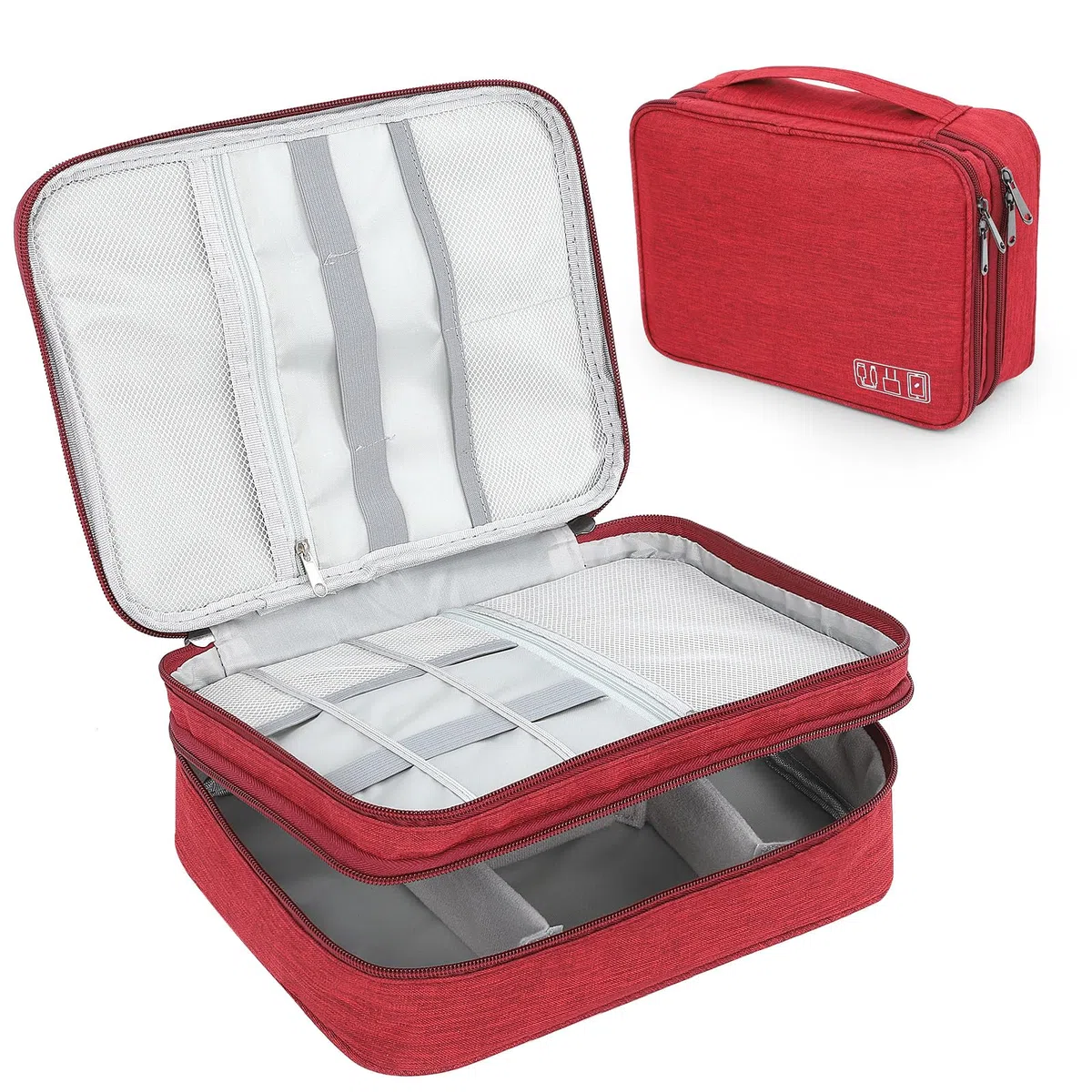 AiQInu Organizer Na Kable Torba Podróżna Wodoodporny Przenośny Organizator Na Kable Do Ładowarki, Pamięci USB, Słuchawek, Powerbanku, Dysku Twardego, Karty SD, Czerwone WinO - 3 Warstwy