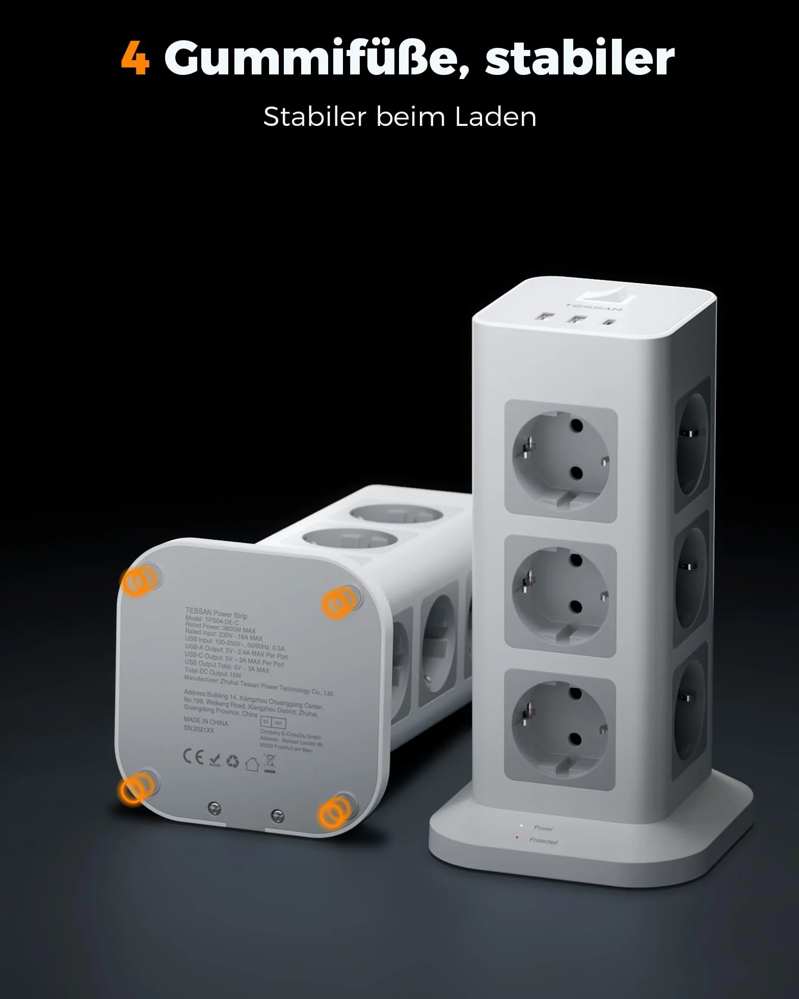 TESSAN Listwa zasilająca 12 gniazd USB C 2 m 3600 W Ochrona przed przepięciem