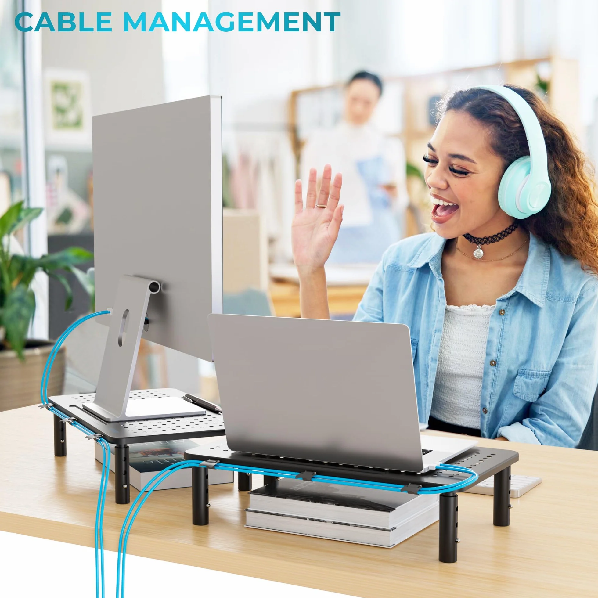 BONTEC Stojak na Monitor z Regulacją Wysokości, Ergonomiczna Podstawka Biurkowa z Siatkową Platformą, Solidna Stalowa Konstrukcja do Laptopa, Komputera, PC, Max. 20KG, Łatwa Organizacja Kabli (2 Pack)
