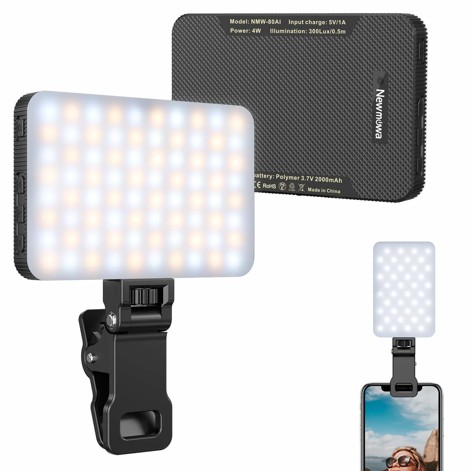 Newmowa Lampa LED do Selfie z Inteligentnym Czujnikiem, 3 Tryby Oświetlenia i 10 Poziomów Jasności, 2000mAh Akumulatorowa Lampa Wideo z Klipsem do Telefonu/iPhone/Laptopa/Aparatu/Wideokonferencji