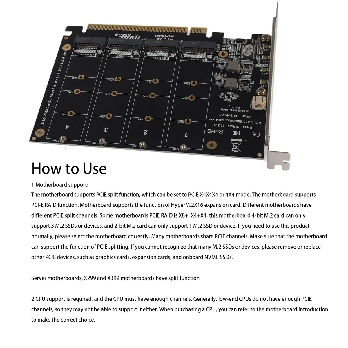 4-portowa Karta Rozszerzeń Kontrolera Hosta NVMe do PCI-e, Adapter M.2 NVME do PCIe X16, Karta Rozszerzenia Czytnika Dysków Twardych z Kluczem M(ph44)