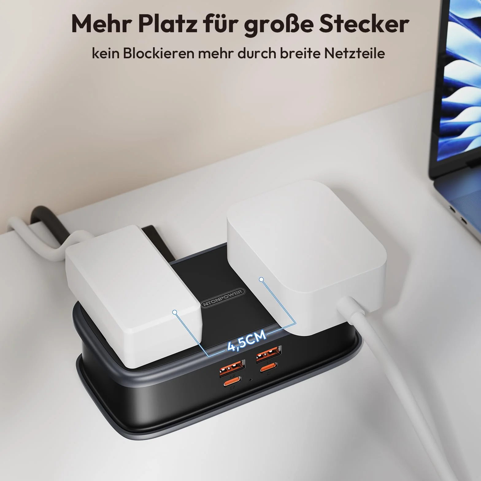 Listwa zasilająca NTONPOWER 2 gniazda USB-C 65W PD płaska wtyczka 2500W 1,5m czarna