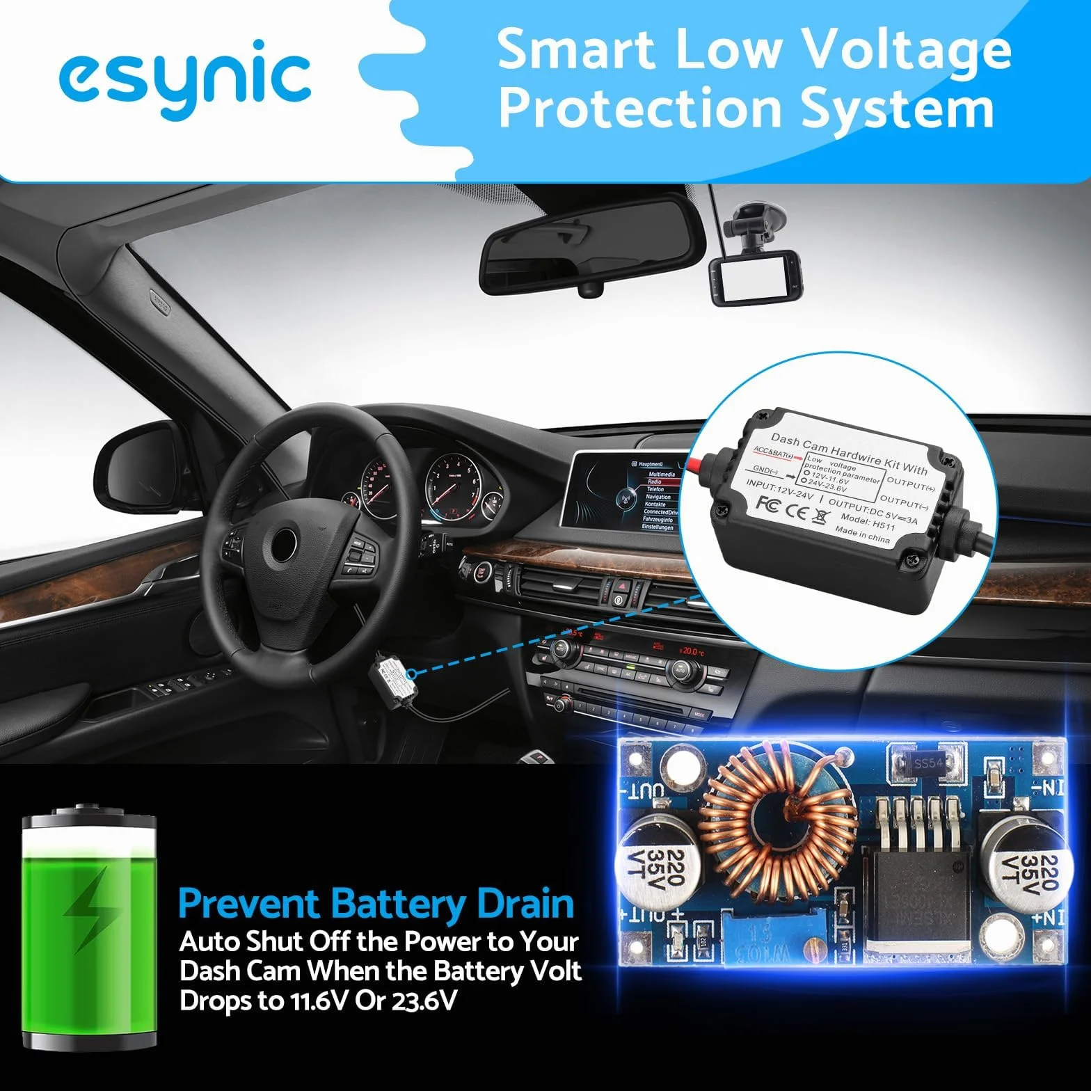 eSynic Dash Cam Hardwire Kit USB 11,5 ft kabel 12 V-24 V do 5 V Hard Wire Kit do kamery Dash z adapterem mini i Micro USB i 4 typami bezpieczników Mini/LP, ACS, ATO, Micro2