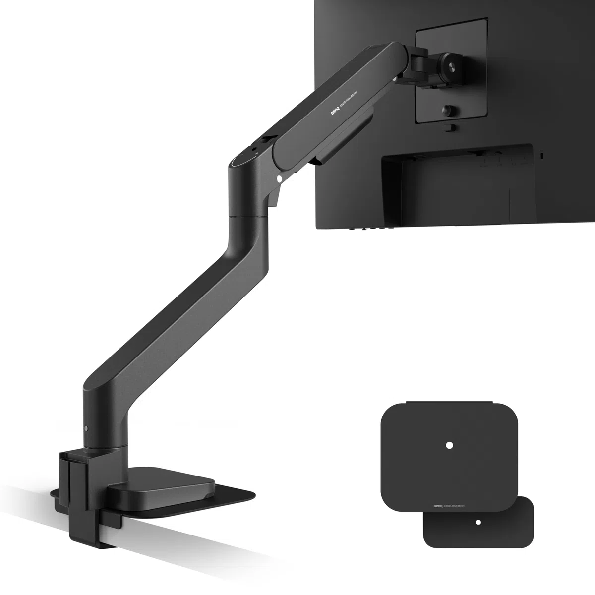 BenQ BSH01 Ramię monitora Ergo, stojak na monitor ze sprężyną gazową na ekrany o przekątnej do 45'' i 20 kg, wytrzymały, szybki montaż, bez chybotania, górny zacisk i podstawa przelotkowa, płyta