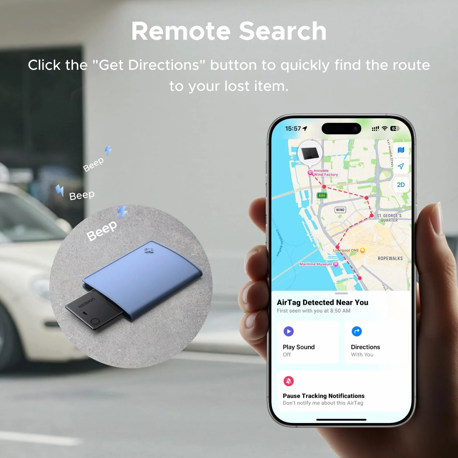UGREEN FineTrack Slim lokalizator Bluetooth Apple Find My iOS, bateria 5-7 lat, sygnał 100 dB, do paszportów i portfeli