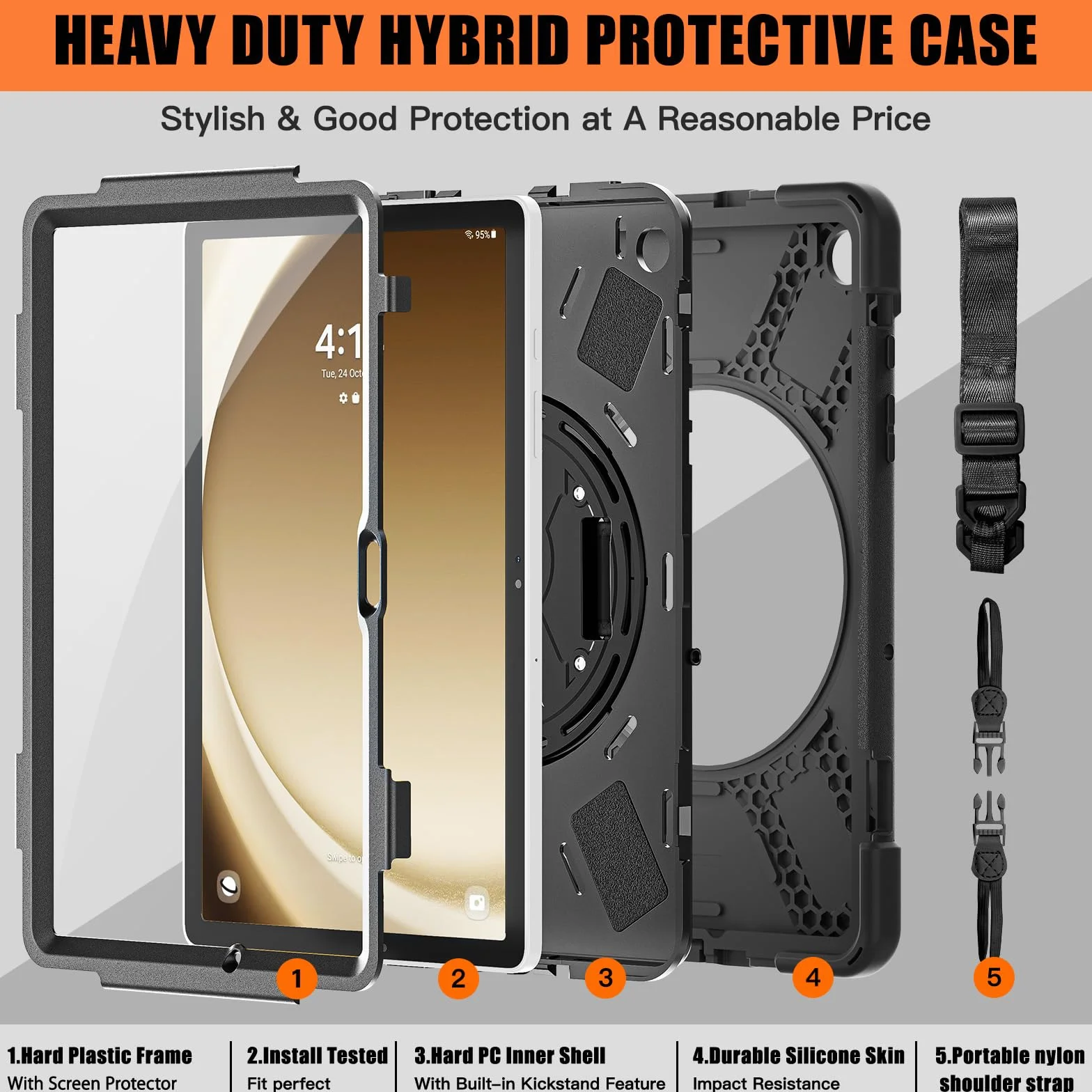 Gerutek Etui do Samsung Galaxy Tab A Plus 11 Cal 2023, A Plus odporne na wstrząsy etui/obracający się o 360 stopni stojak/paski na ręce i ramiona/czarne