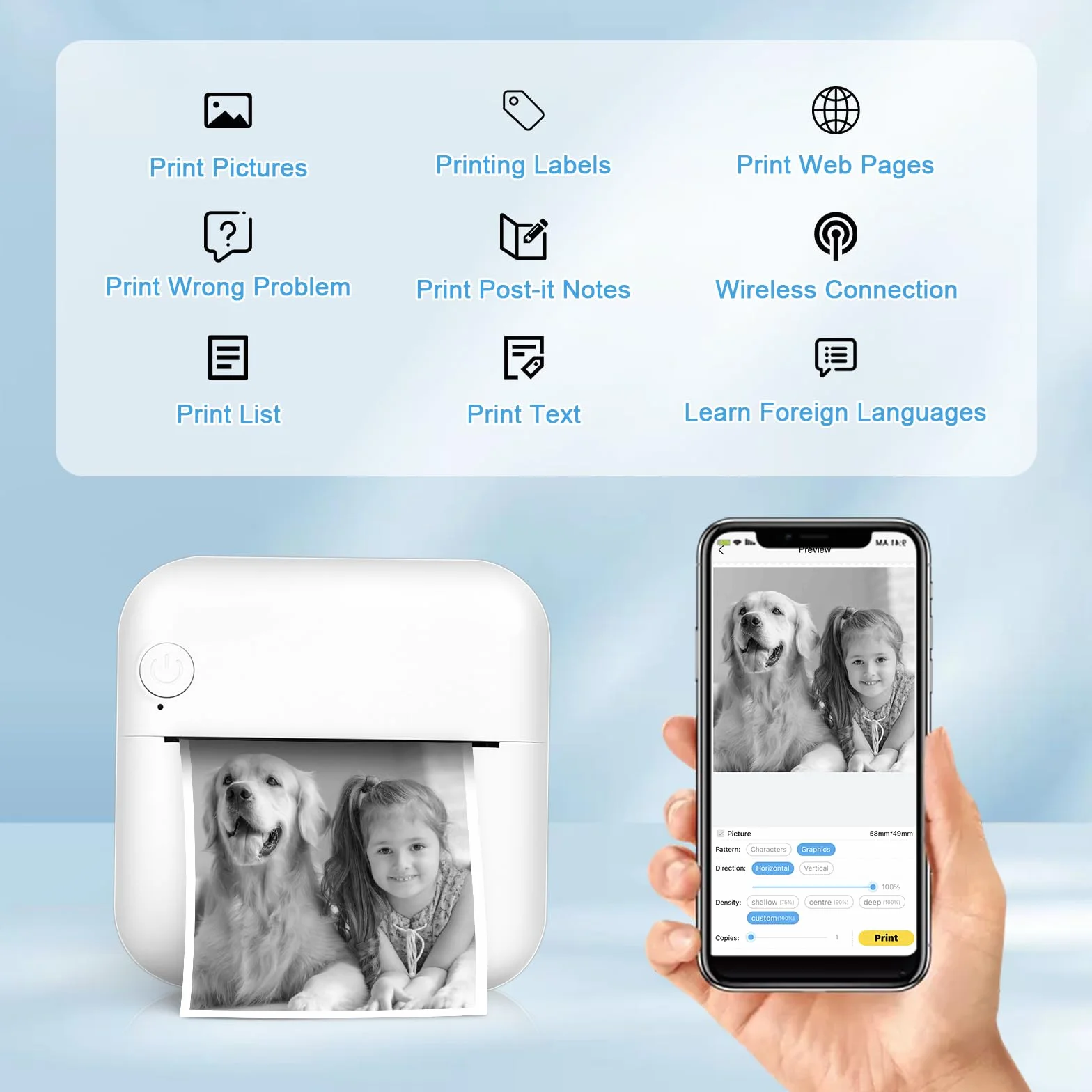 Przenośna drukarka fotograficzna mini bezprzewodowa termiczna BT Mobilna (Biały)