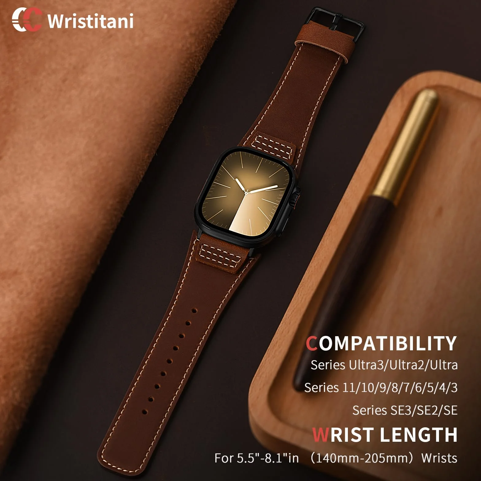 Wristitani Pasek z prawdziwej skóry w stylu vintage, kompatybilny z Apple Watch 44 mm, 45 mm, 46 mm, 42 mm, 49 mm, 41 mm, 40 mm, 38 mm, zapasowy pasek dla kobiet i mężczyzn do iWatch Ultra 2/3, Series