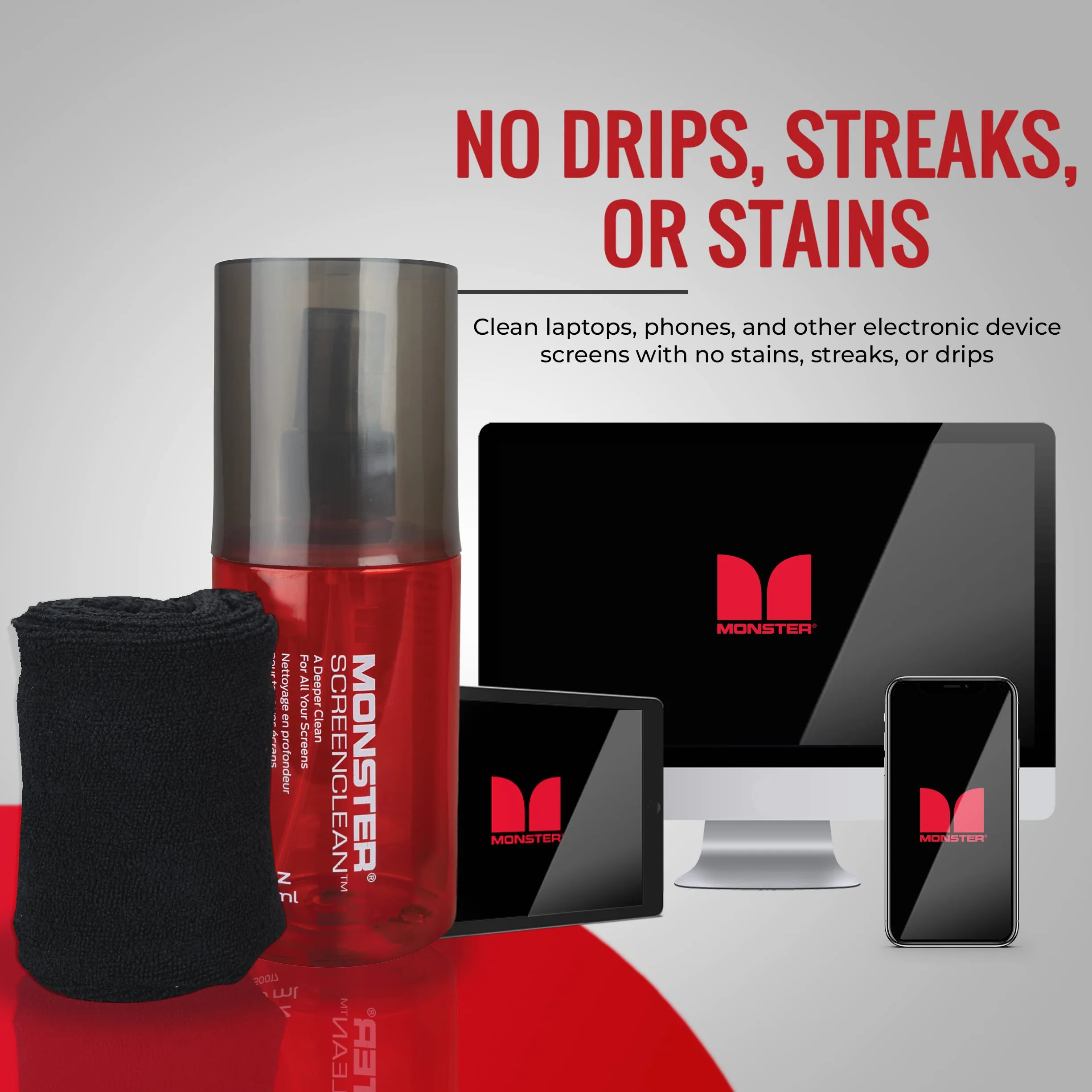 Monster Screen Clean Display Cleaner 200 ml + ściereczka z mikrofibry 30 x 30 cm - bez smug