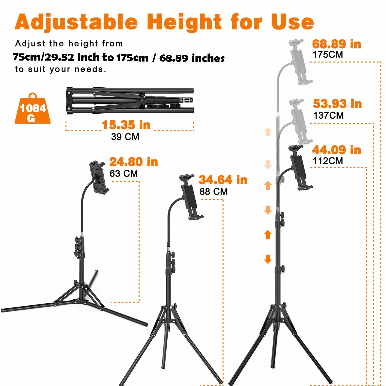 Statyw na iPada 68,89" Regulowany Obrotowy 360° Stojak na Tablet z Gęsią Szyją 4,7-13,5"