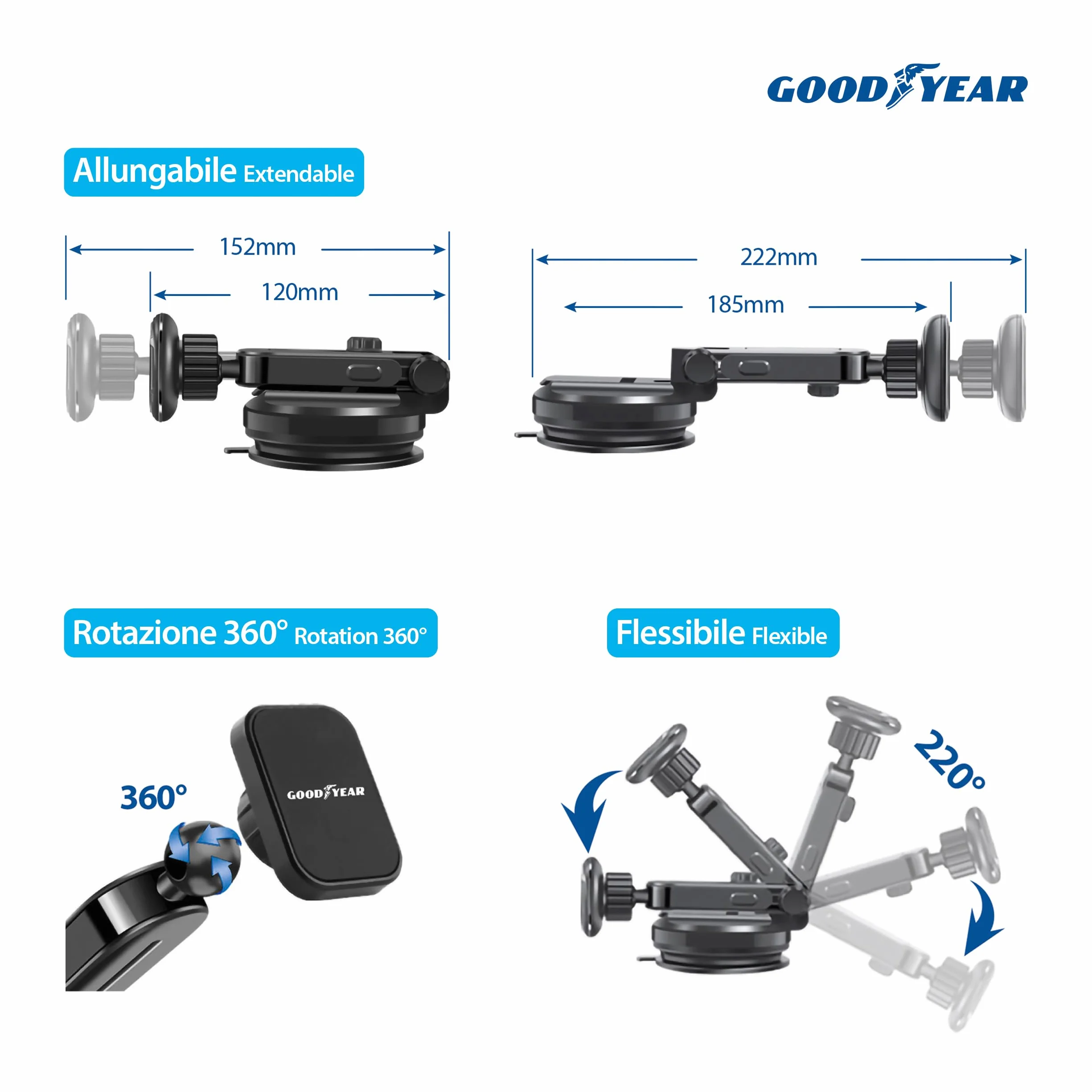 Goodyear Magnetyczny uchwyt na telefon z uniwersalną przyssawką do deski rozdzielczej i przedniej szyby, w zestawie 2 magnesy, obrotowa płyta magnetyczna o 360°, ramię regulowane do 15,2 cm, do