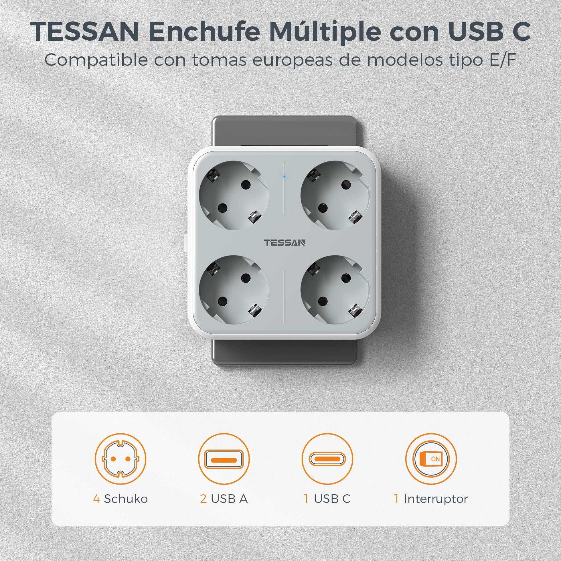 TESSAN Gniazda USB C, Wiele Gniazd 4 Gniazda Schuko z 1 USB C i 2 USB A, do Gniazd 4000 W, Gniazdo USB 7 w 1 do Biura, Kuchni, Gniazdo ścienne Szare