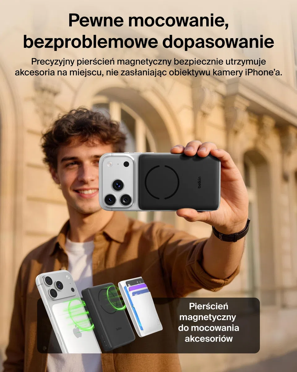 Belkin BoostCharge Magnetyczny Powerbank 10 000 mAh z Pierścieniem – Czarny | Powerbank Bezprzewodowy 10 000 mAh Qi2, Pierścień Magnetyczny do Akcesoriów, 2 Porty USB-C, Naładowany, Kabel w Zestawie