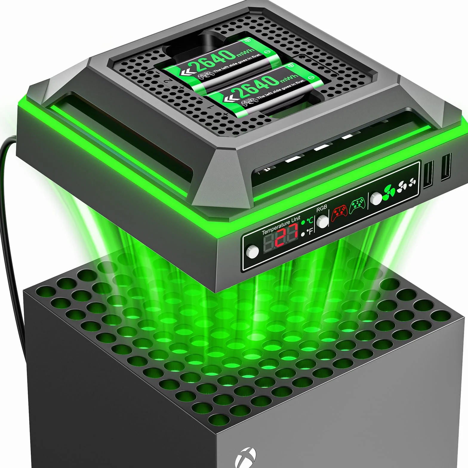 Tokluck Wentylator do konsoli Xbox Series X ze światłem RGB, stacja ładująca z 2 x 2640 mWh Xbox Controller akumulator do Xbox Series/One-X/S/Elite, chłodnica Xbox Series X z 2 portami USB do