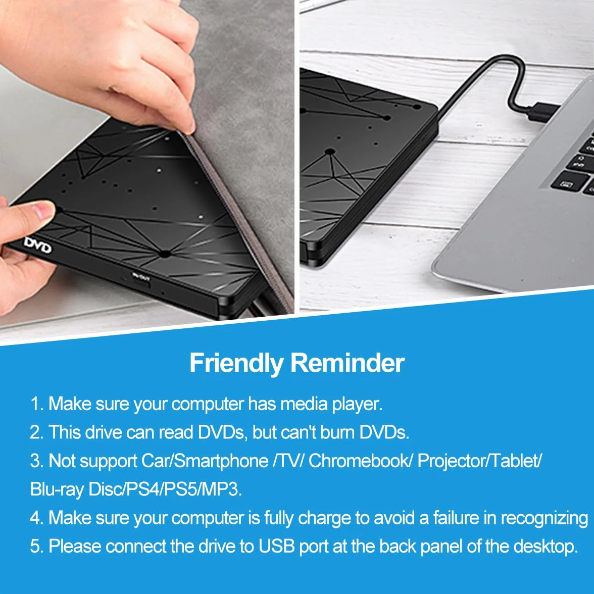 LMEN Zewnętrzny Napęd CD DVD USB3.0, Przenośny Czytnik Dysków CD DVD +/- R/RW z USB 3.0 i Type-C, Reader DVD Drive Slim Odtwarzacz CD USB do Laptopa/PC/Windows 11/10/8/7/Vista/XP/Mac OS/Linux, Czarna