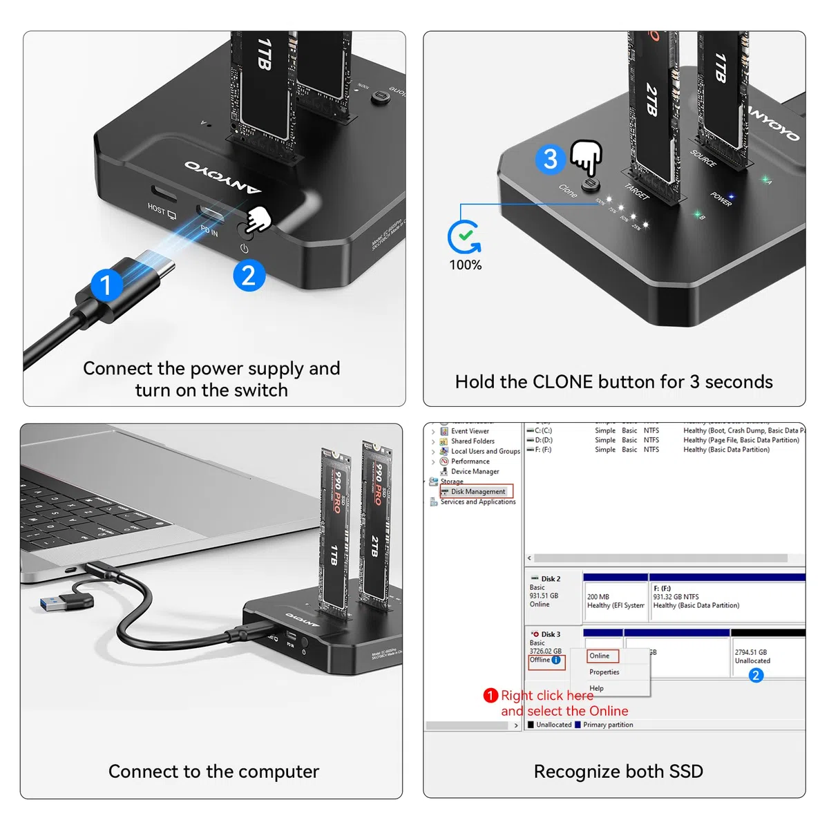 NVMe M.2 Clone SSD obudowa 20 Gbps USB 3.2 Gen2, Dual Bay M.2 NVMe stacja dokująca z klonowaniem offline do szybkiej aktualizacji komputera, migracji systemu i tworzenia kopii zapasowych danych