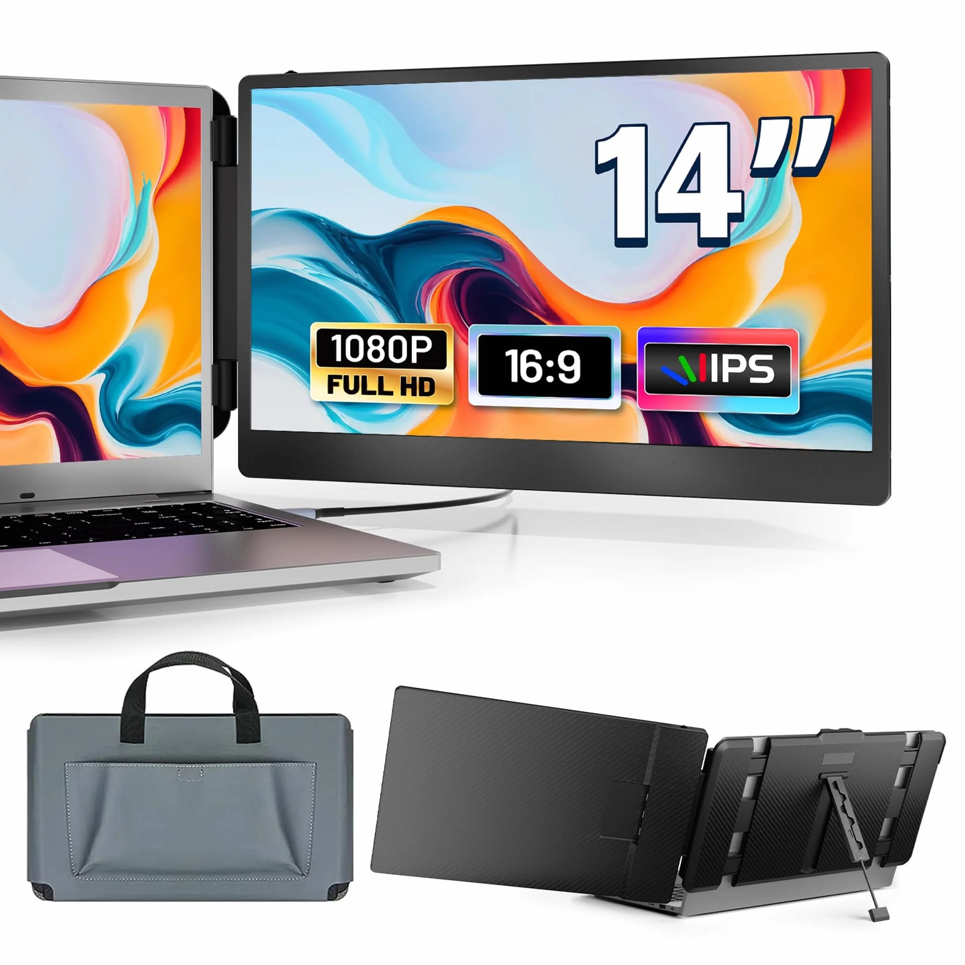 domyfan Przenośny Monitor,14" FHD 1080P Przedłużacz ekranu do Laptopa, HDMI/USB-A/Type-C Plug and Play Działa z 13 "-17" Windows, Mac, Chrome, Xbox, Switch, PS5