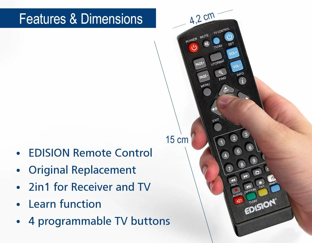 EDISION Universal Remote Control EDI-RCU 1 Learn - 2-in-1 Programmable for TV i Receiver, Kompatybilny z PICCO T265+ i NANO T265+