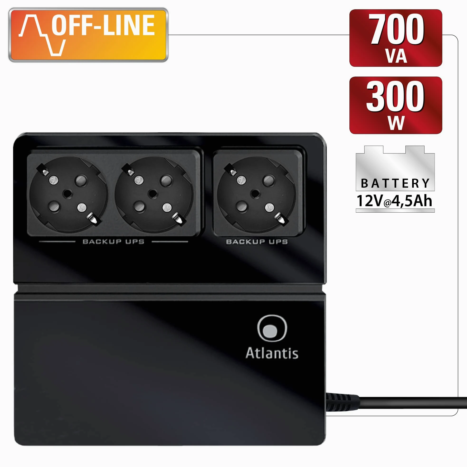Atlantis OnePower 700 UPS OffLine 700VA/300W, 3 gniazda Schuko, 1 bateria 12V 4.5Ah [Polski]