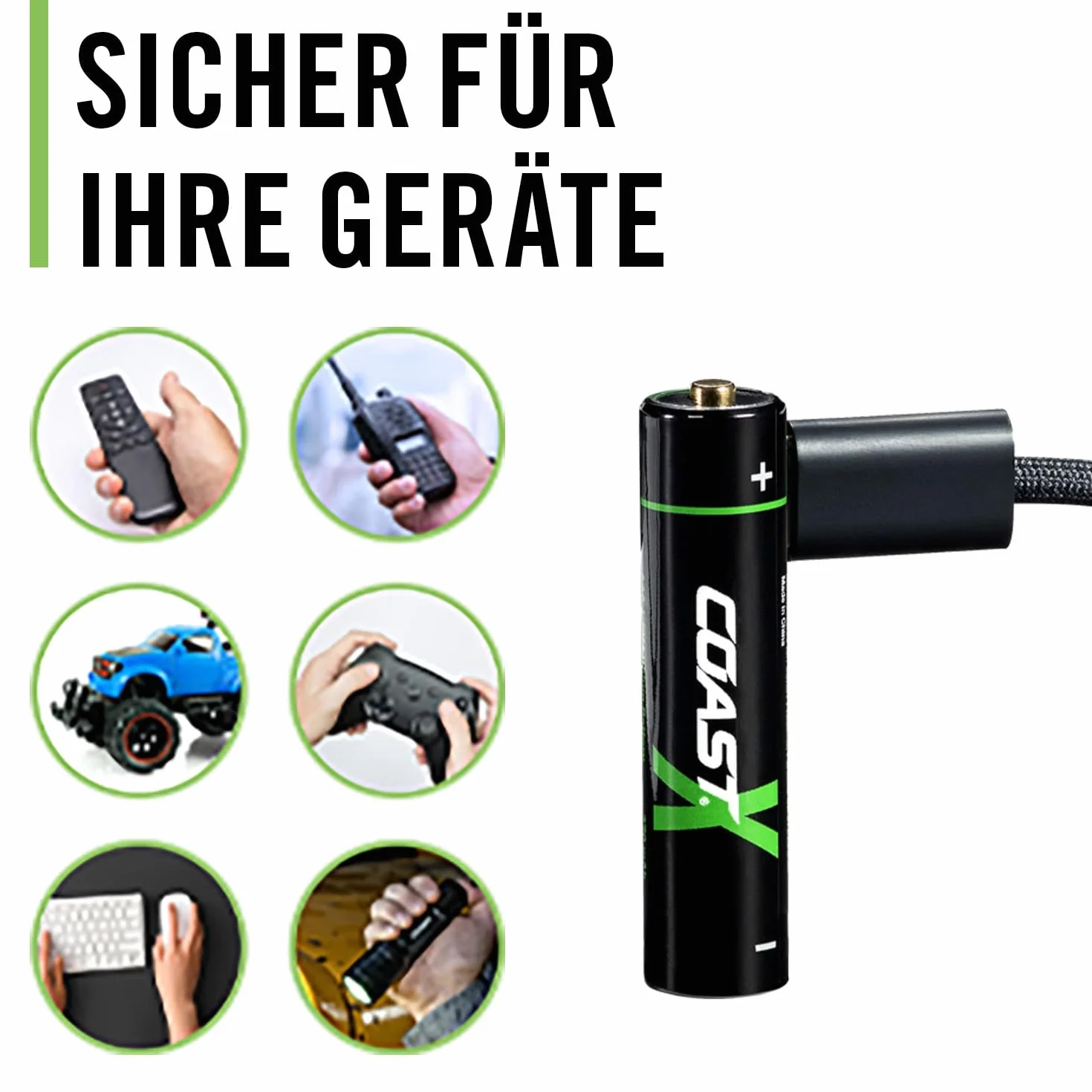 Coast Akumulator AAA USB-C Lithion-X, litowo-jonowy, 1,5 V, 750 mAh, trwałe, ładowanie w ciągu 1,3 godziny, kabel do ładowania w zestawie, 4 sztuki