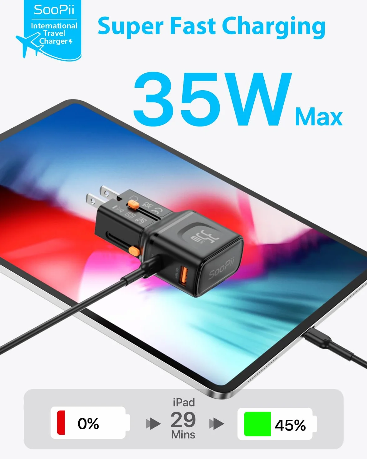 SooPii GaN Uniwersalna ładowarka ścienna, uniwersalna ładowarka podróżna z portem PD 35 W i portem QC 18 W, międzynarodowy zasilacz z wtyczką US UK EU AU do iPhone'a 16/15, Galaxy S25/S24, iPada i