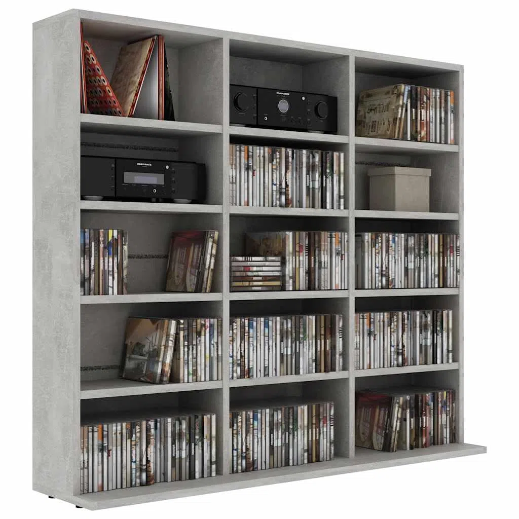 Beton szary regał na płyty CD, 100 x 23 x 89,5 cm, materiał drewnopochodny z 15 otwartymi przegródkami na muzykę, media, telewizor, salon, miejsce do przechowywania, zarządzanie kablami
