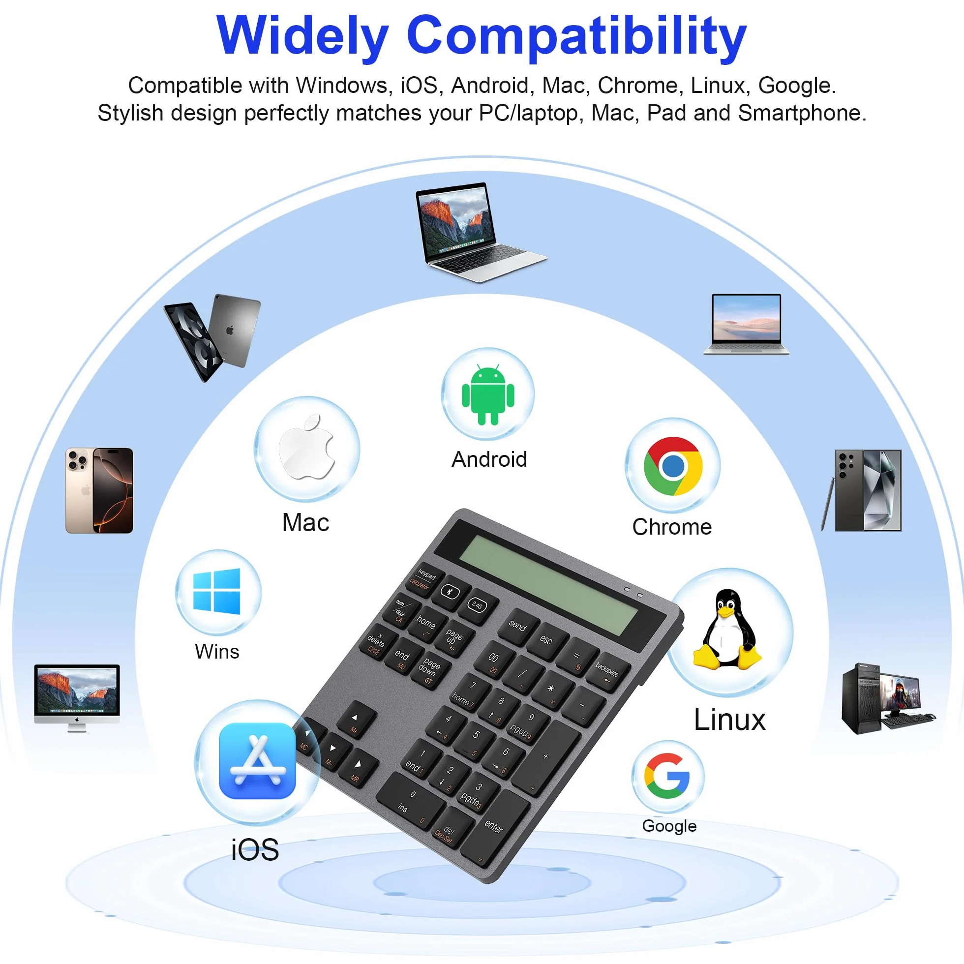 Blok numeryczny Bluetooth i 2,4 G – 34 przyciski Numpad z kalkulatorem – smukłe bloki numeryczne, bezprzewodowa, przenośna podkładka numeryczna Bluetooth do MacBook, iMac, Windows, laptopa, komputera