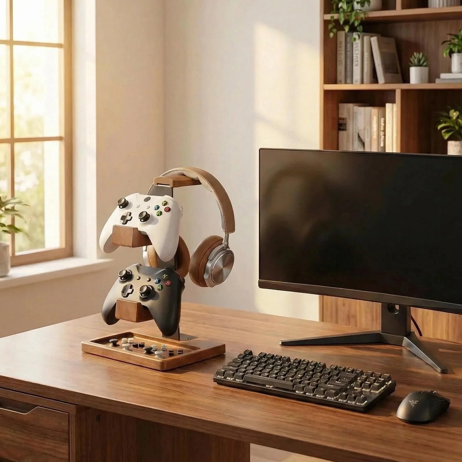 Acidea Uchwyt na kontroler z litego drewna stojak na słuchawki podwójny organizer do gier Xbox PS4 PS5