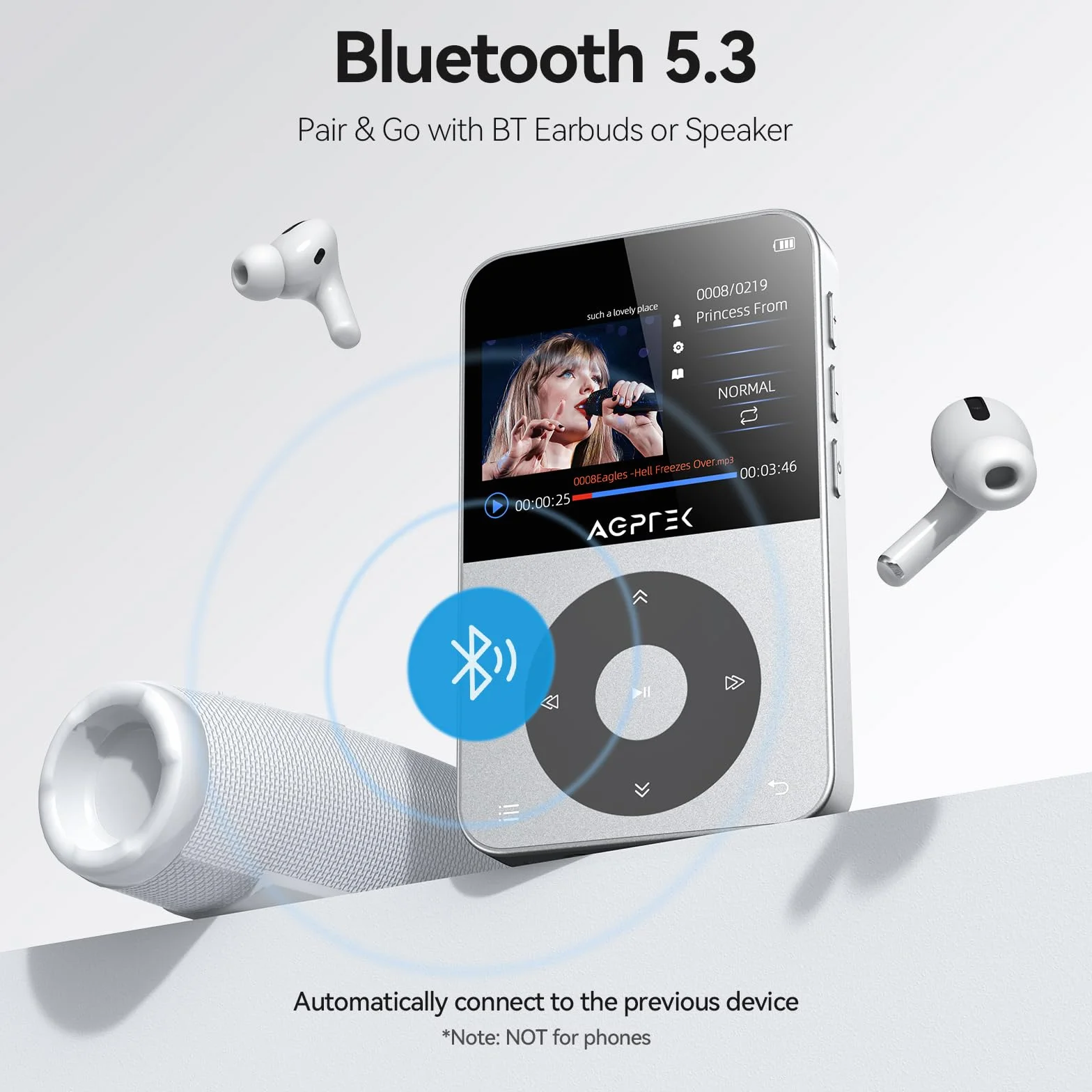 AGPTEK Odtwarzacz MP3 64 GB Bluetooth 5.3 Kolorowy Ekran TFT 2,3" Radio FM Nagrywanie Srebro