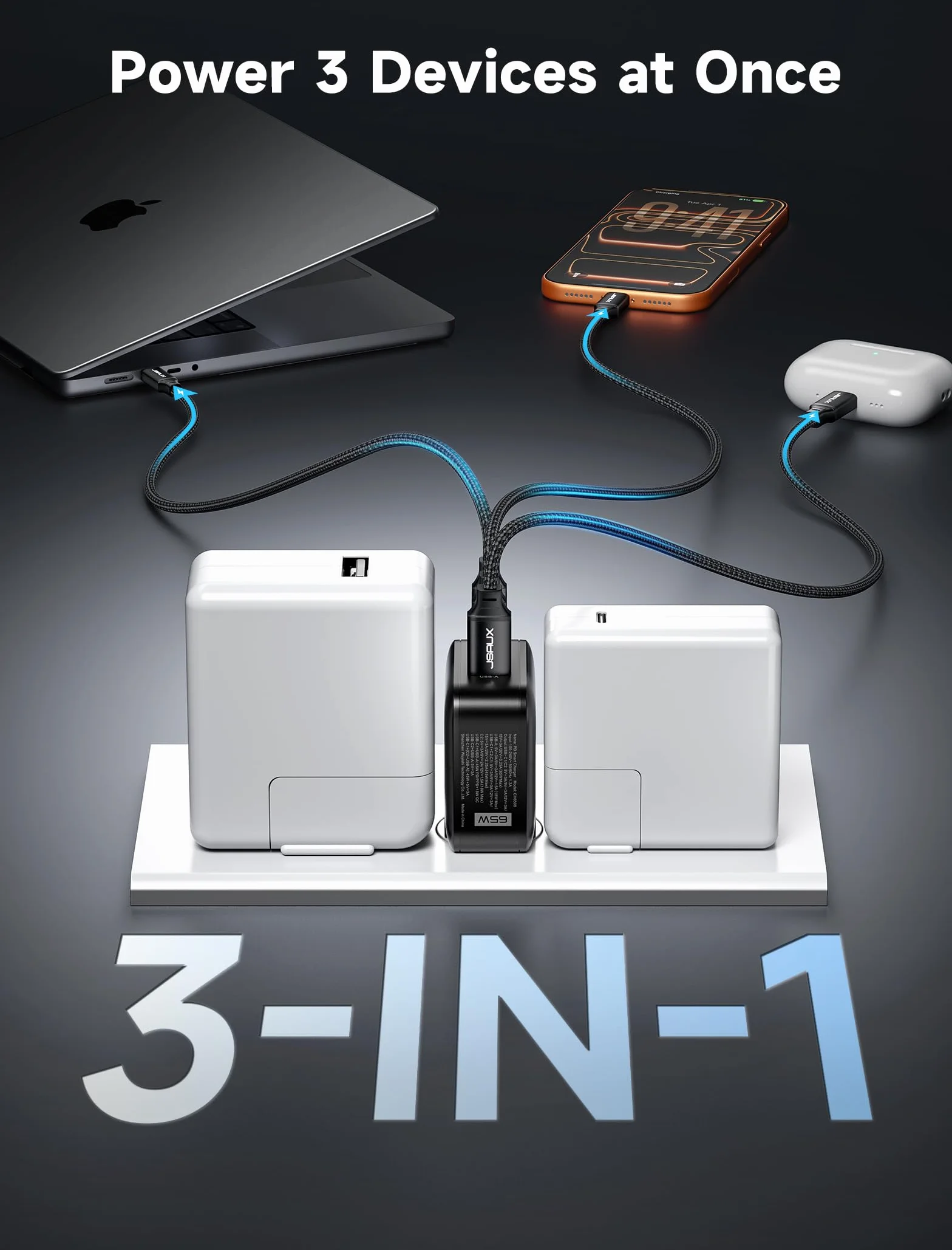 JSAUX Ładowarka USB C 65 W 3-portowa PPS z kablem 2 m UK/EU do MacBook iPad iPhone Galaxy S25/S24 Ultra