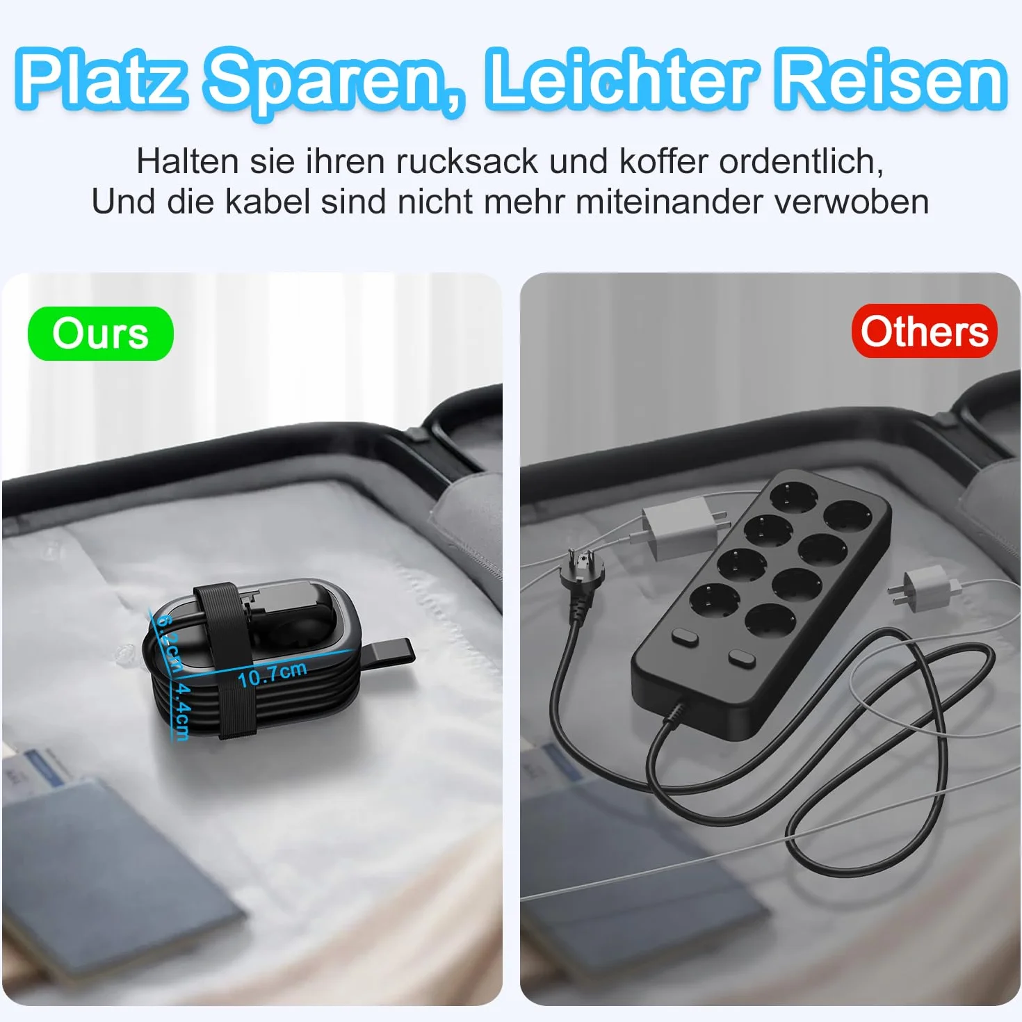 Podróżna listwa zasilająca z 3 gniazdami USB, 4000 W/16 A i szybkim ładowaniem USB C, z wieloma wtyczkami, zabezpieczeniem przeciwprzepięciowym w gnieździe dystrybucyjnym z przedłużaczem owiniętym 1,1