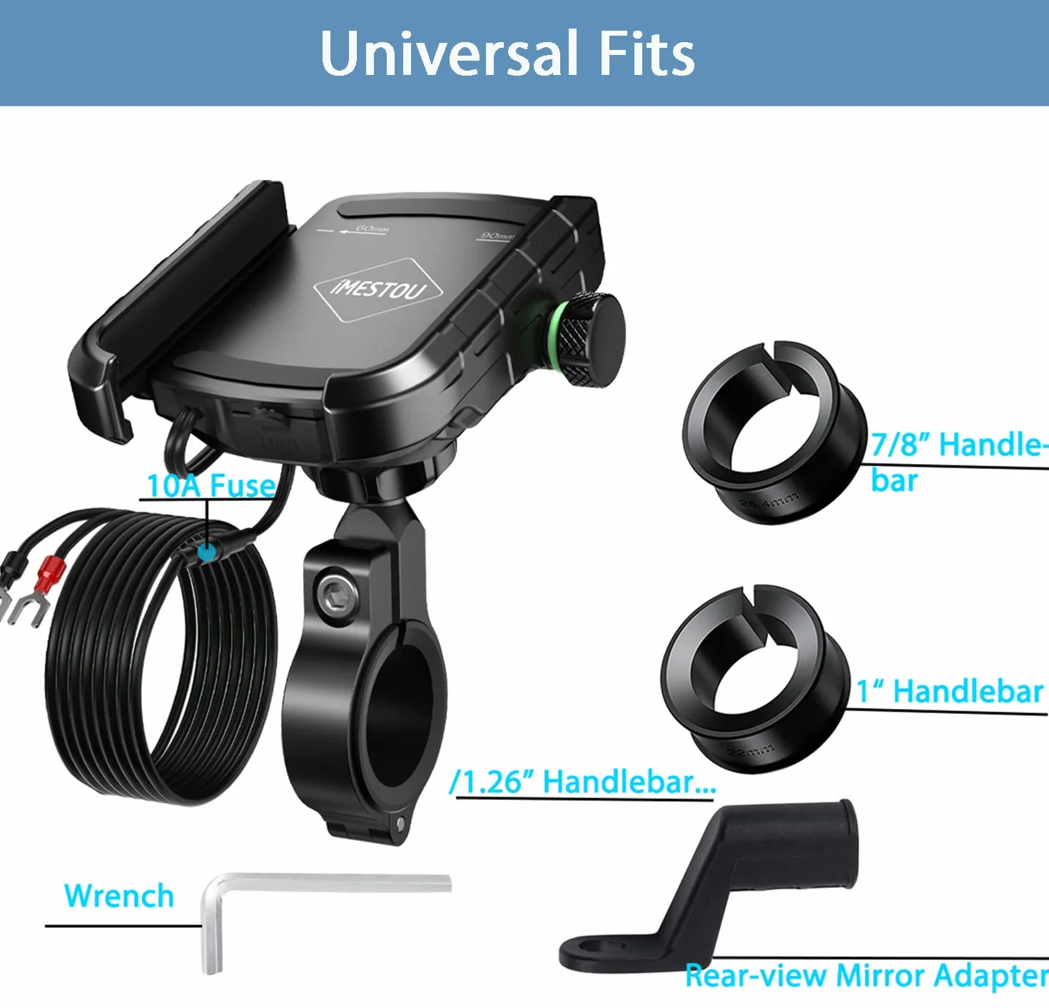 iMESTOU Uchwyt motocyklowy do telefonu Ładowarka z portem ładowania Quick Charge USB3.0, uchwyt na kierownicę/lusterko wsteczne Uchwyt mobilny obracany o 360° dla smartfonów 3,5"-6,8"