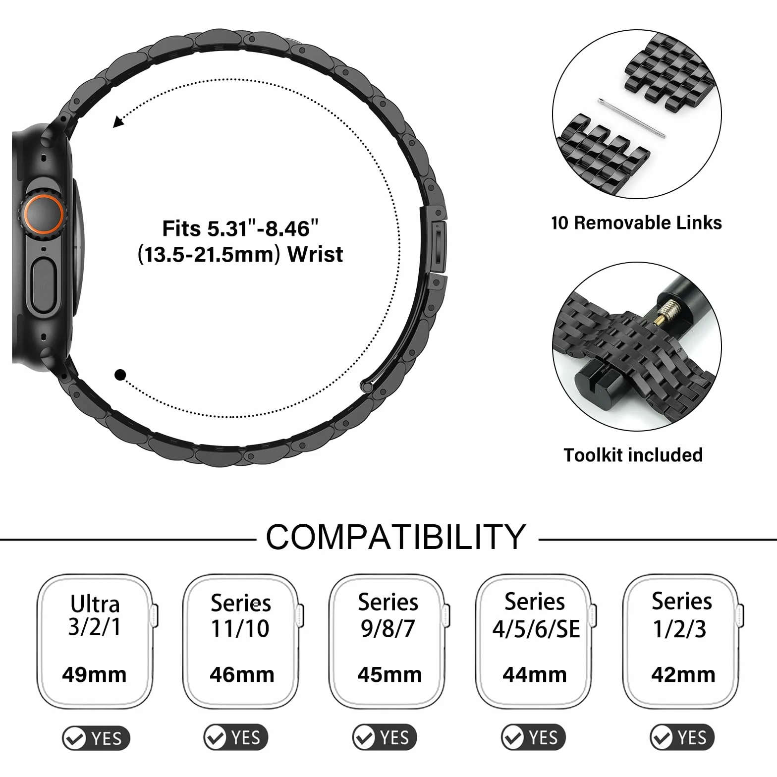 Tasikar Metalowy pasek kompatybilny z Apple Watch 49 mm 46 mm 45 mm 44 mm 42 mm 41 mm 40 mm 38 mm ze stali nierdzewnej do iWatch Ultra SE serii 10, 9, 8, 7, 6, 5