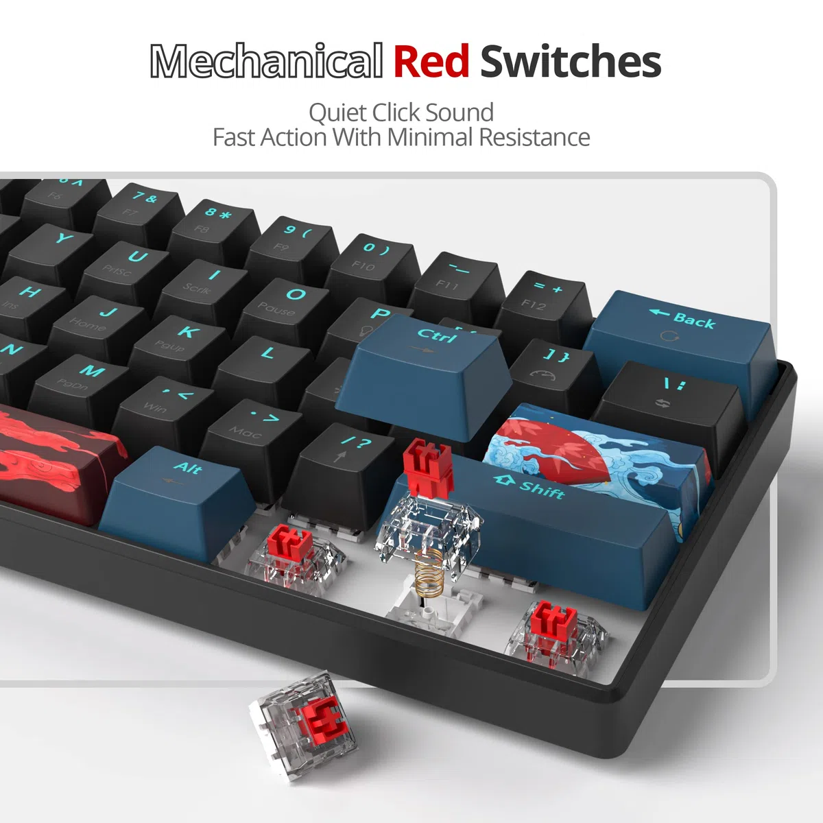 Protable 60% mieszana, lekka tęczowa klawiatura do gier, mechaniczna, mini kompaktowa, 61 klawiszy, przewodowa klawiatura biurowa z czerwonym przełącznikiem, do Mac/Win/PS4/PS5/Xbox (Monstor