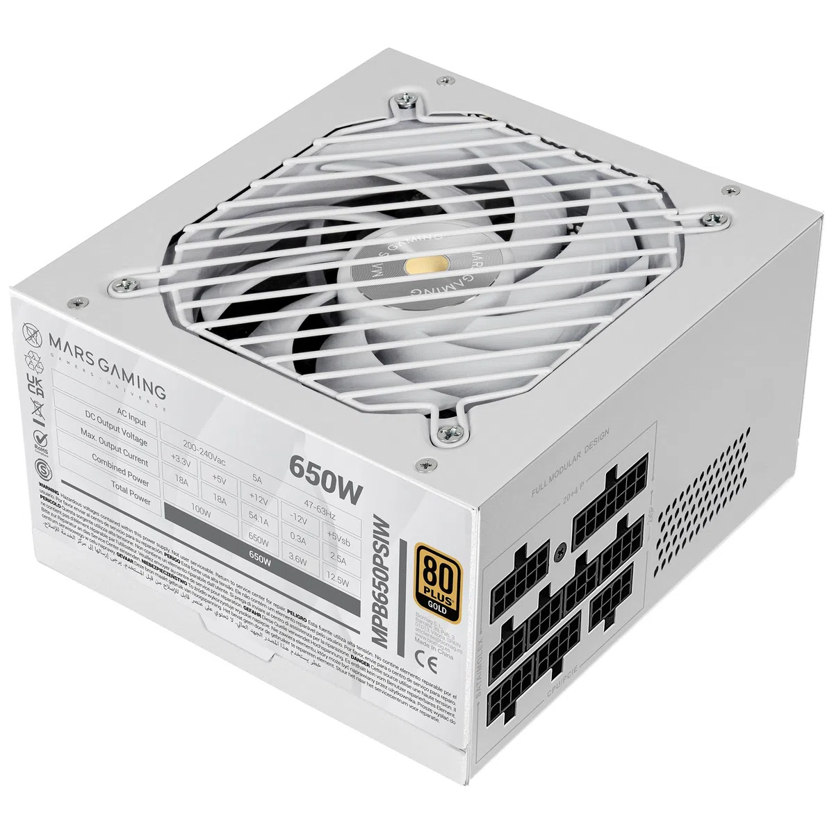 Mars Gaming MPB650PSI, Zasilacz Komputerowy Full Modular 650W, 10 Lat Gwarancji, 80Plus Gold 90%, Wentylator SI Extreme Silence, Technologie AI2-RPM, DC-DC i SMD, ATX 3.1 i PCIe 5.1, Biały