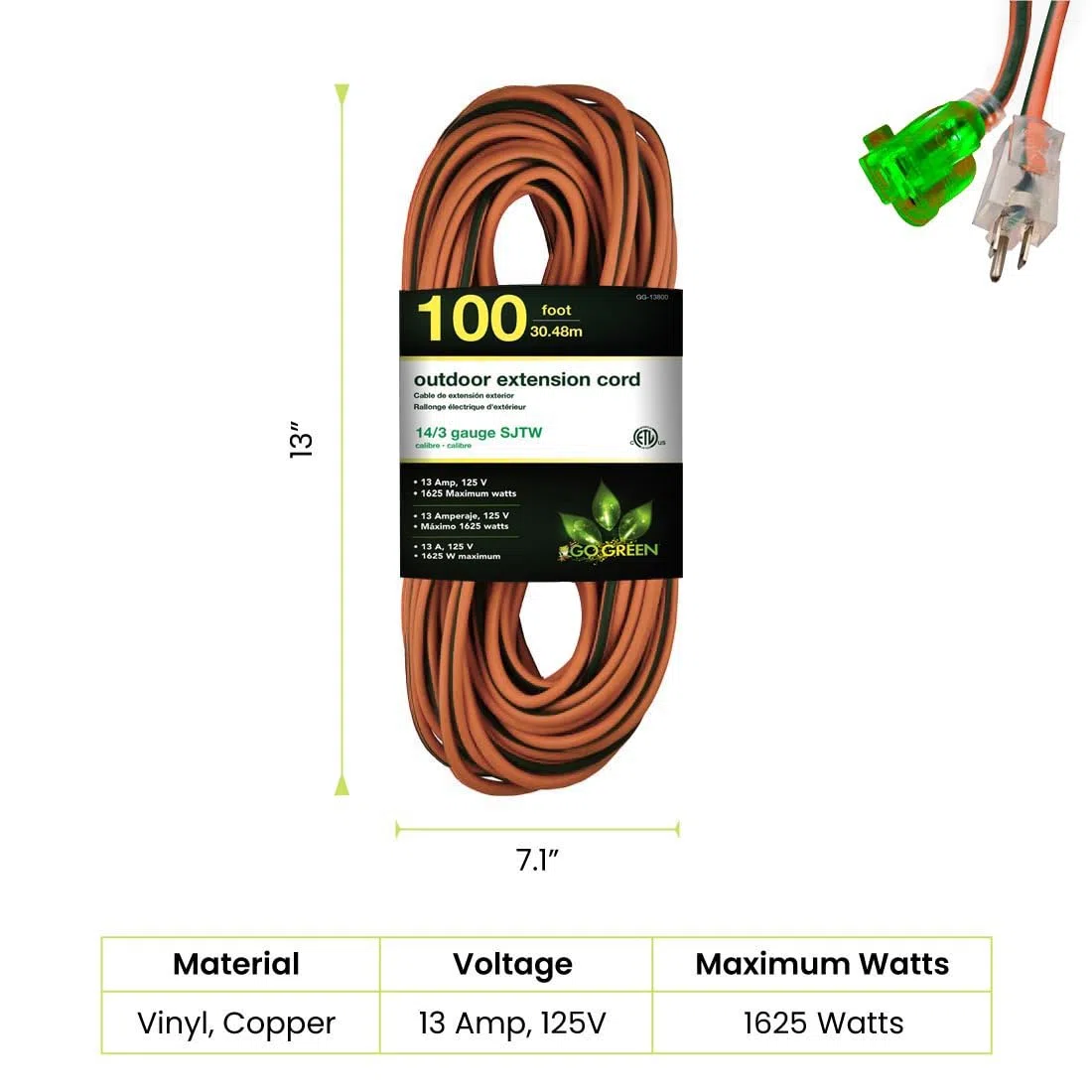 GoGreen Power GG-13800-14/3 25 cm SJTW przedłużacz zewnętrzny - oświetlony koniec