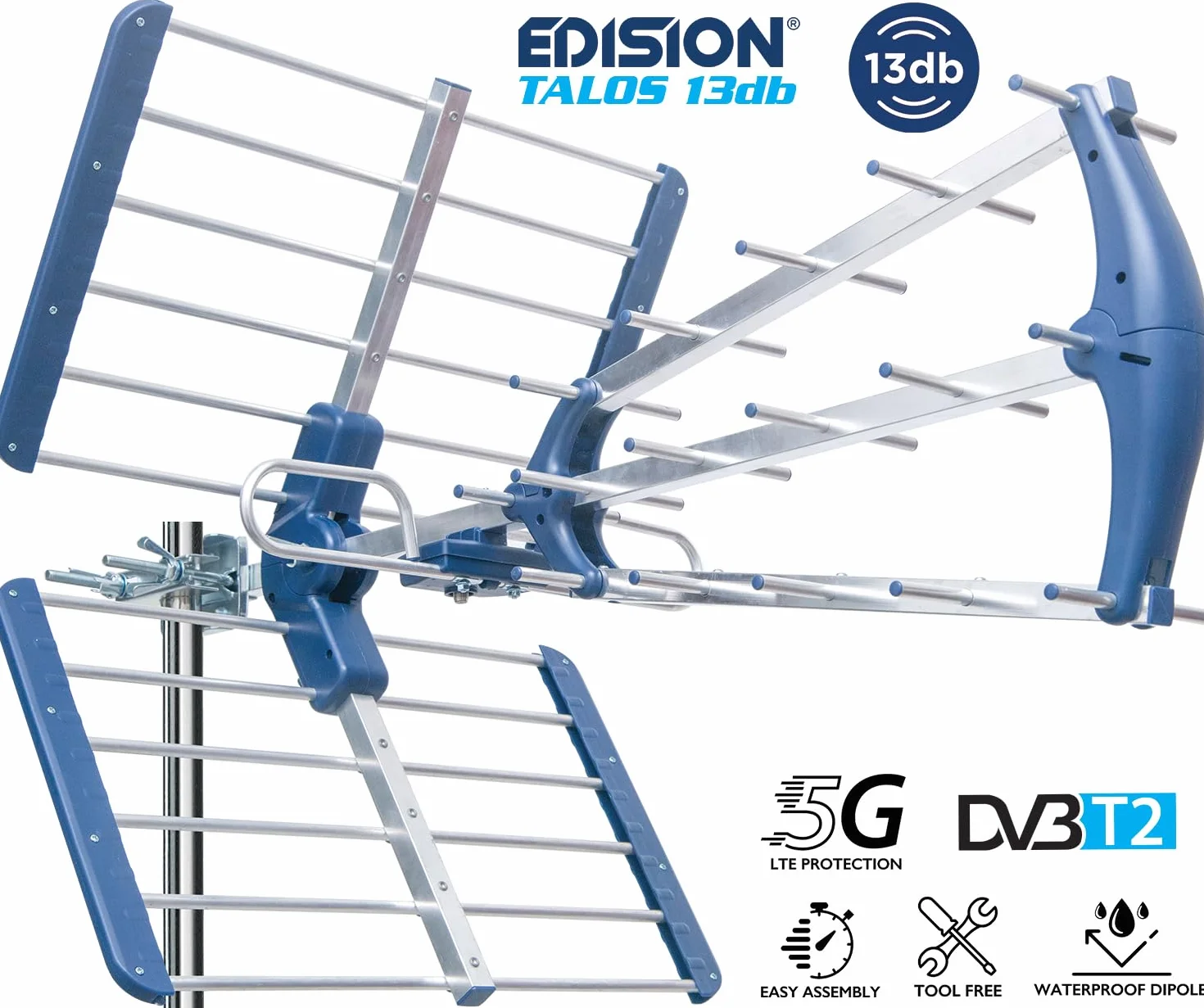 EDISION TALOS 13db Potrójna cyfrowa antena naziemna UHF 21-48, z odcięciem 5G LTE, idealna do odbioru kanałów cyfrowej telewizji naziemnej DVB-T/T2, długość 47cm, niebieska i aluminiowa