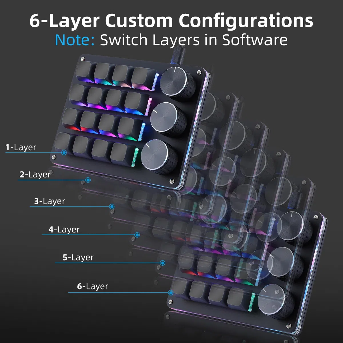 Koolertron Programowana klawiatura 16 przycisków, przenośna mini klawiatura z 3 pokrętłami, w pełni konfigurowalna klawiatura makro z podświetleniem RGB, 6 poziomów regulacji, klawiatura gamingowa do