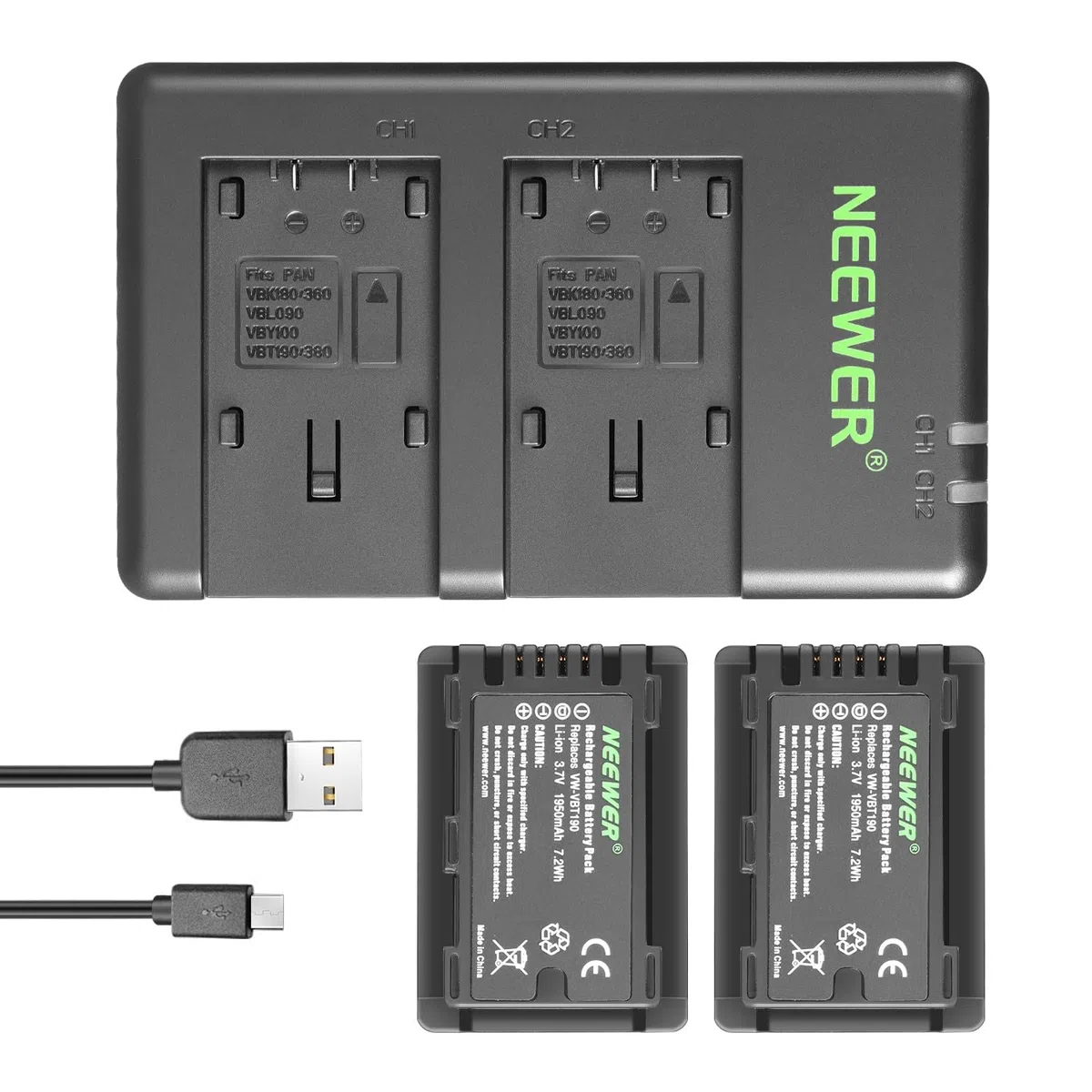 NEEWER Zapasowy zestaw akumulatorów i ładowarek do VW-VBT190, 2 baterie 1950 mAh i podwójna ładowarka USB, kompatybilny z Panasonic HC-V110 V130 V160 V180 HC-V201 V210 V250 HC-V380 HC-V510 V520 V550
