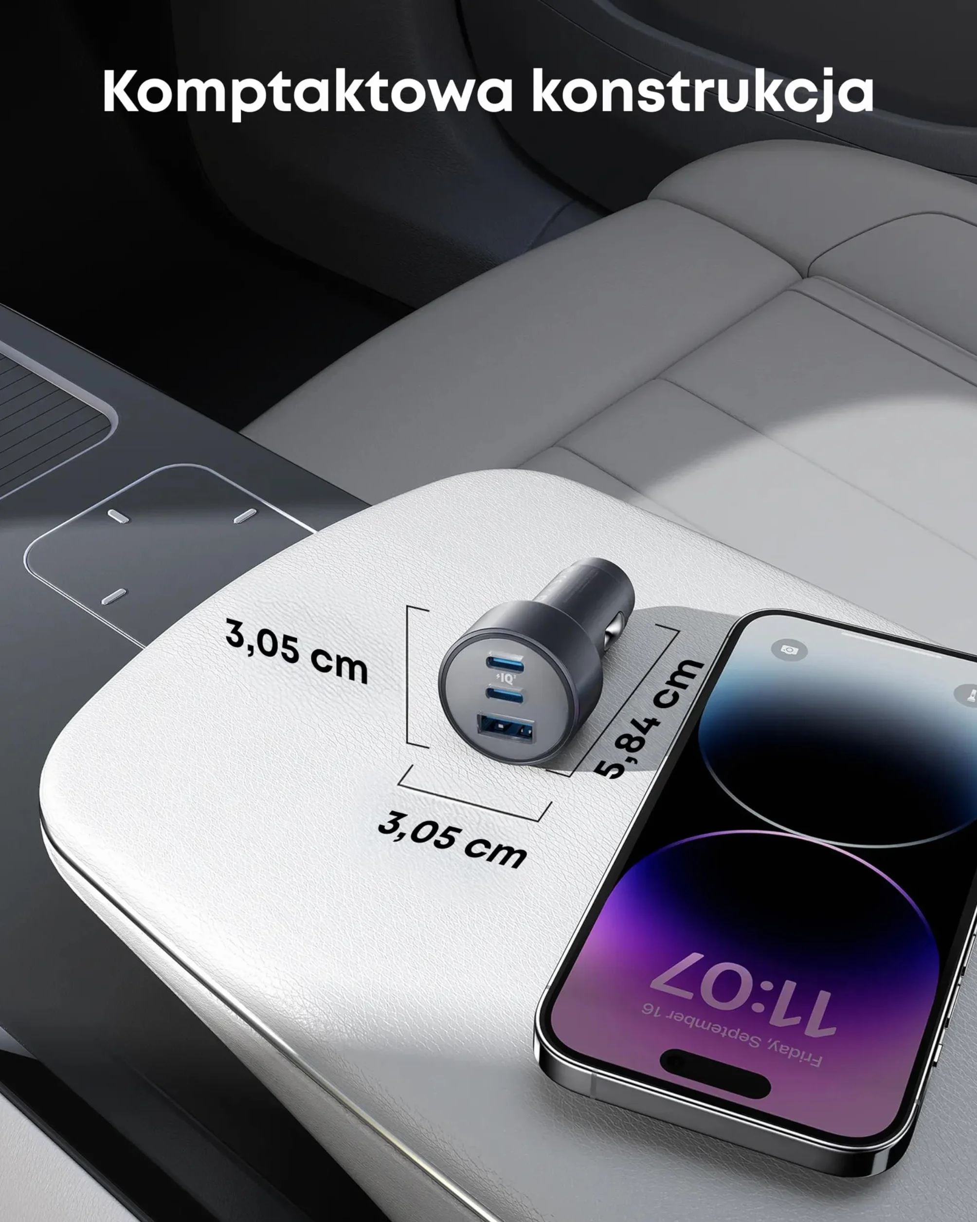 Anker Kompaktowa ładowarka samochodowa z 3 portami 67 W – szybkie ładowanie do iPhone'a 16/15/14, Galaxy S23, iPada Air i wielu innych – kabel USB-C