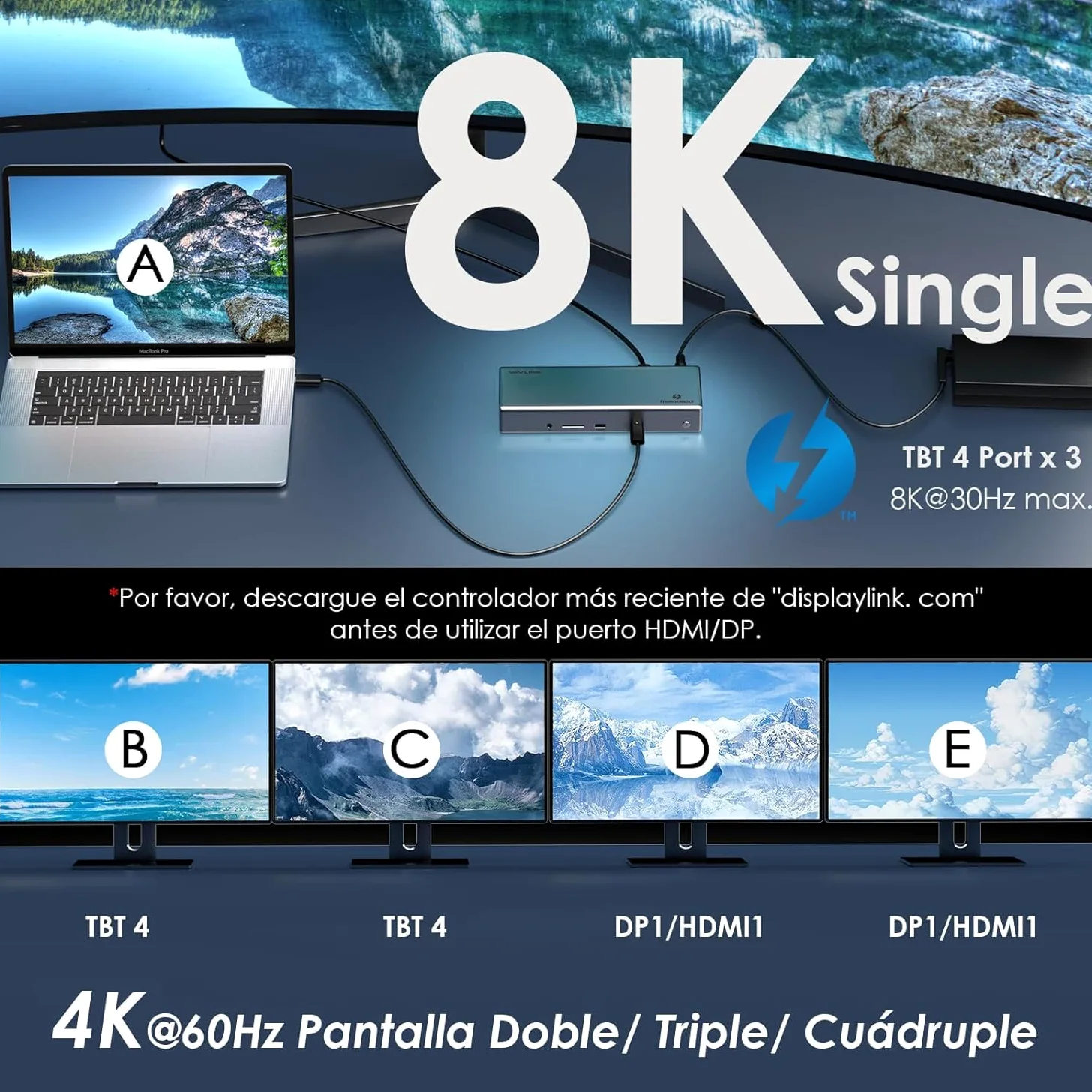 WAVLINK Thunderbolt 4 stacja dokująca 15 w 1, 98 W PD, pojedyncza stacja dokująca 8K/Quad 4K z 2 DP/2 HDMI, 4 portami Thunderbolt 4, 4 x USB A, 2.5 GbE, SD, Audio/Mic, kompatybilna z MacBook Pro/Air