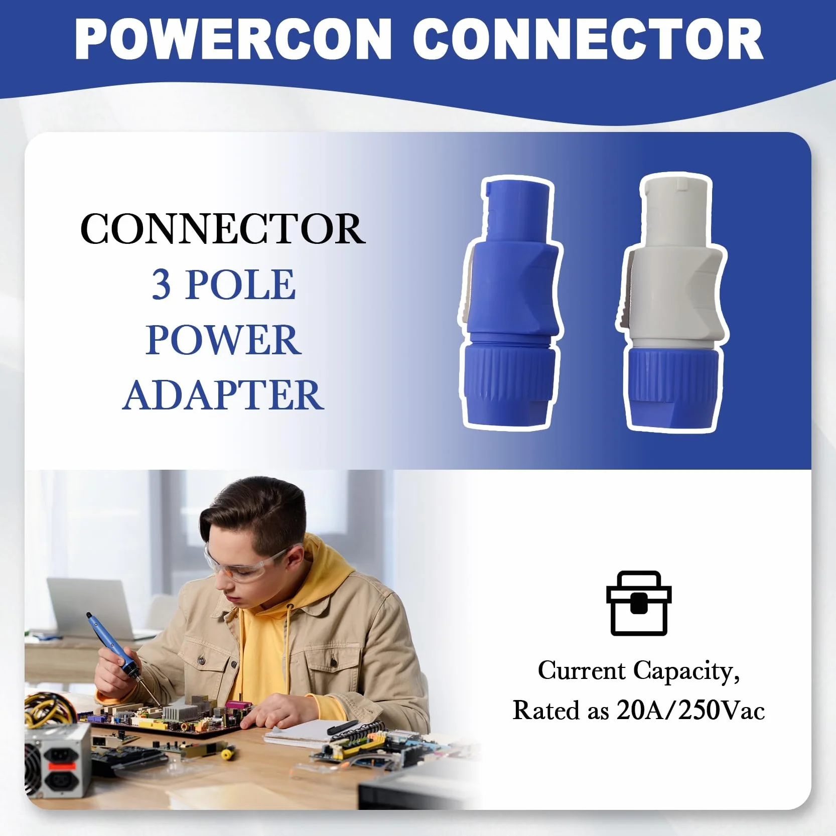 20 sztuk wtyczek Powercon, 3-biegunowe wtyczki Powercon NAC3FCB, wtyczka Speakon, 20 A, 250 V AC, niebieska i