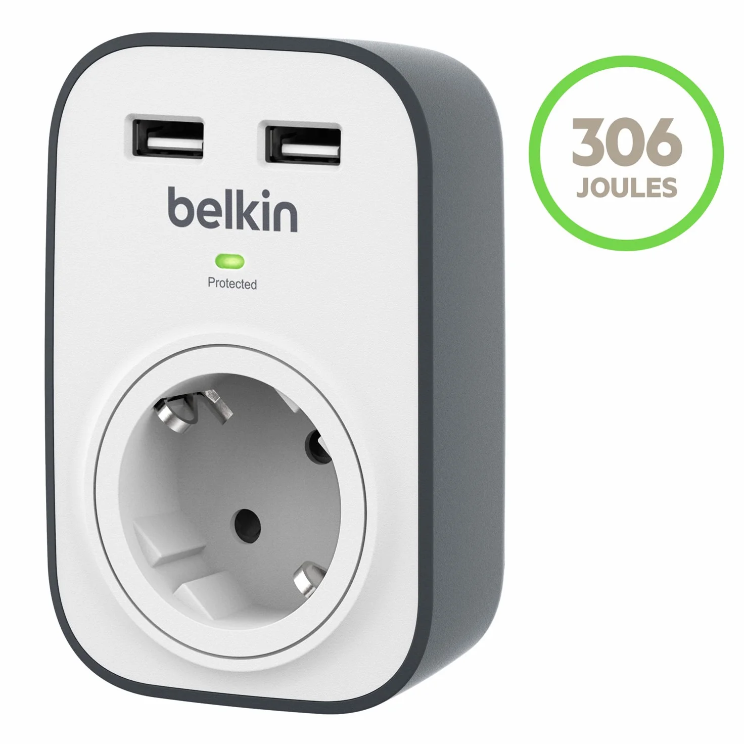 Belkin Surgecube Gniazdo Przeciwprzepięciowe 2 złącza USB Biały Szary