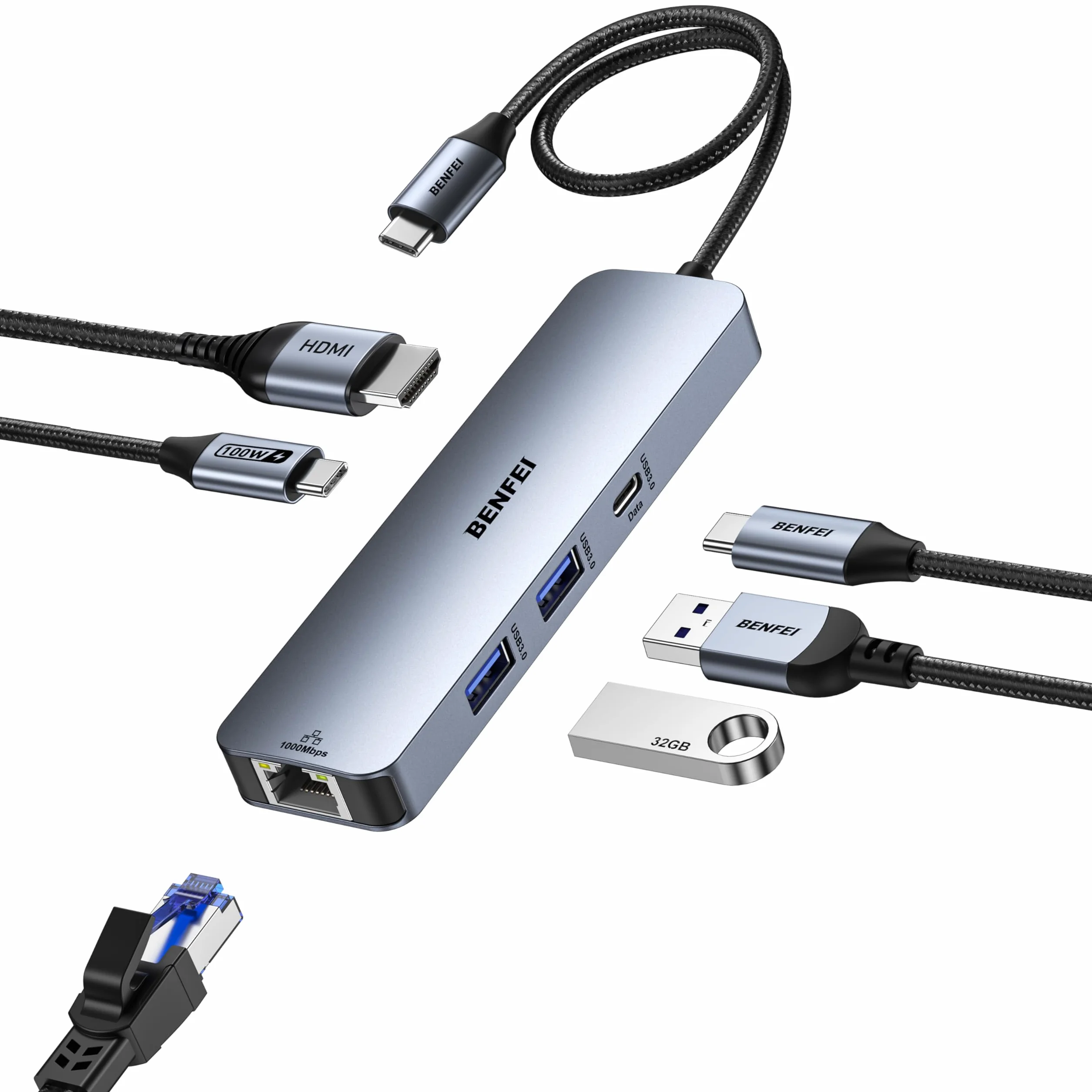 BENFEI Hub USB C 6 w 1 HDMI 4K@60Hz USB-A USB-C 100W Gigabit Ethernet Kabel silikonowy do MacBooka Pro Air iPada Pro iMaca