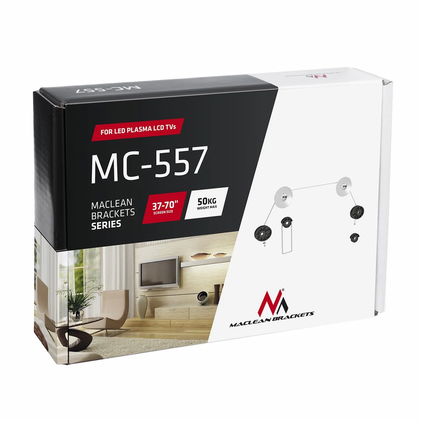 Maclean MC-557 Ultracieńki Uchwyt na Telewizor LCD LED 37-75 Cali, Profesjonalny Uchwyt Ścienny na Telewizor do 50 kg Nośności, Uchwyt TV Odległość od Ściany 14,5 mm, Wieszak TV na Ścianę