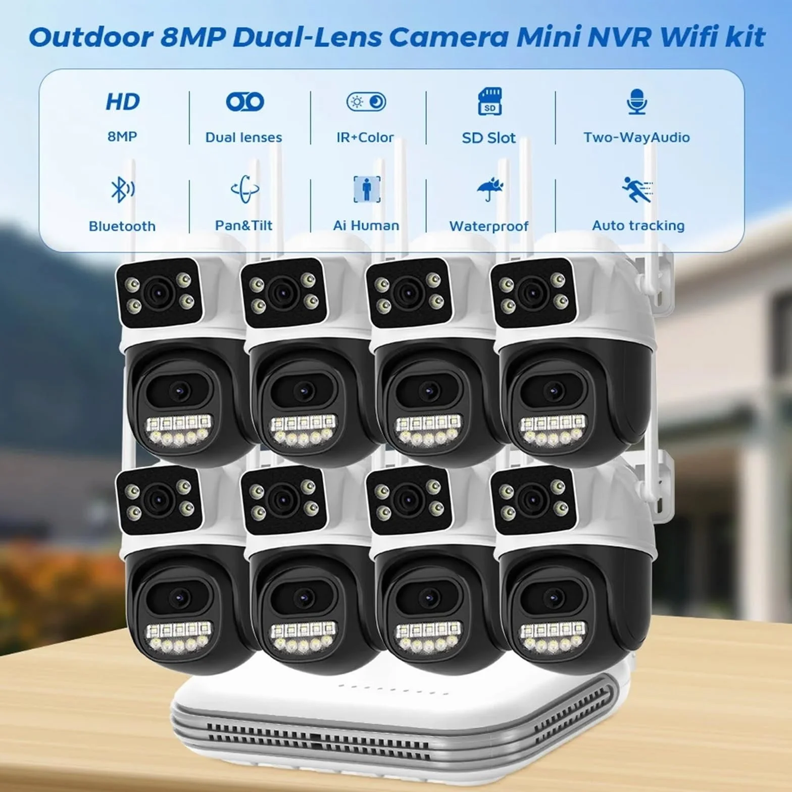 Kamera IP 8MP z dźwiękiem WiFi, zewnętrzna, 8-kanałowa, mini kamera NVR, zestaw do monitoringu CCTV, bezprzewodowy system kamer noktowizorem na podczerwień,Spokój ducha zawsze(None,8pcs)